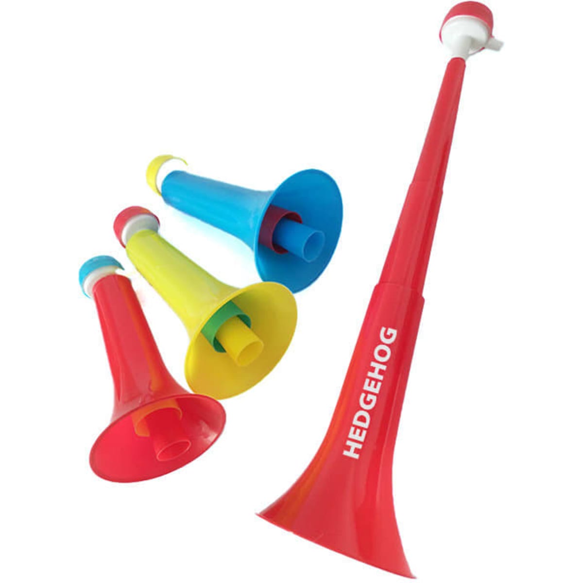 A set of four plastic stadium horns in red, yellow, and blue, featuring a logo on one horn.