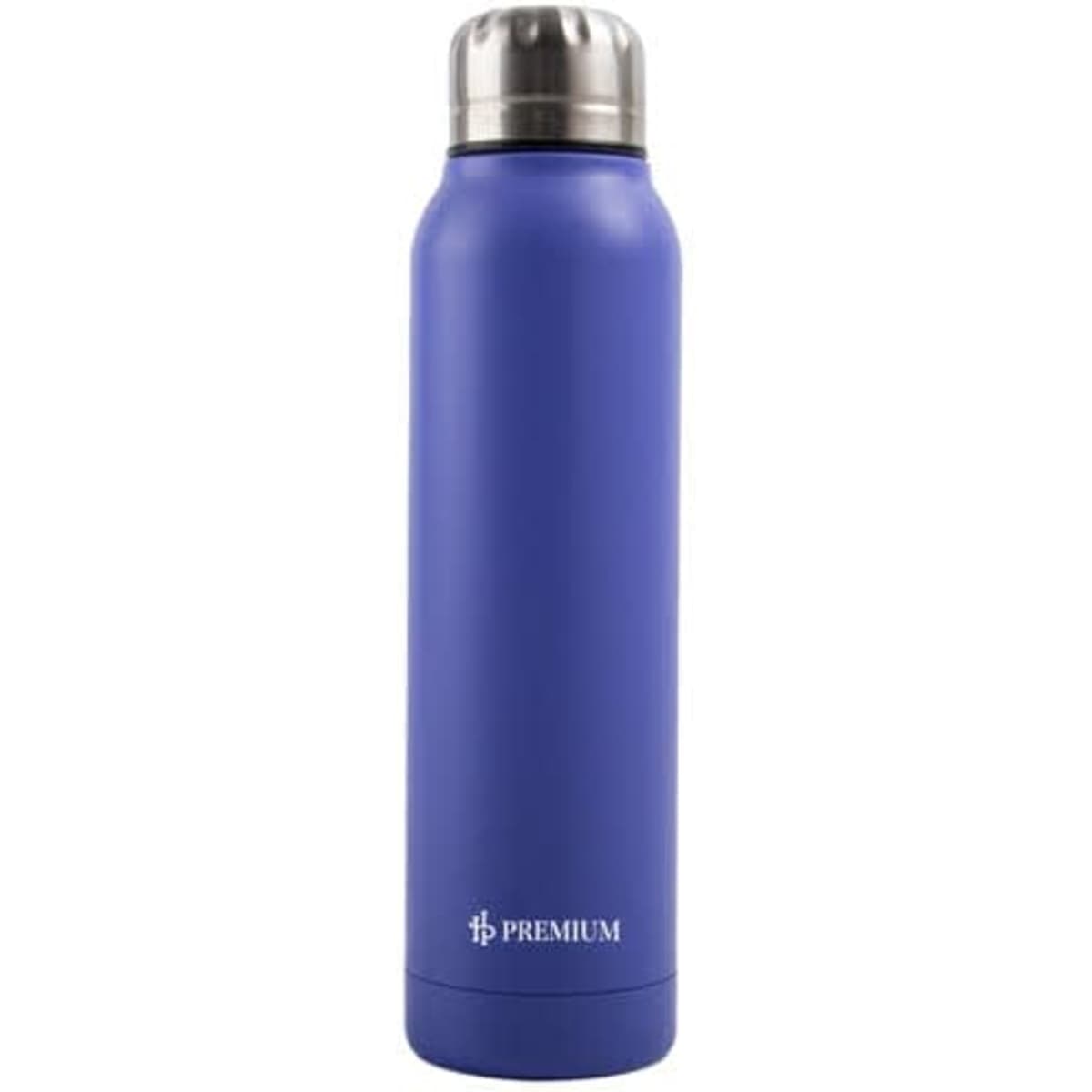 A drink bottle in a vibrant blue colour, made of stainless steel with an insulated design and a metallic cap.