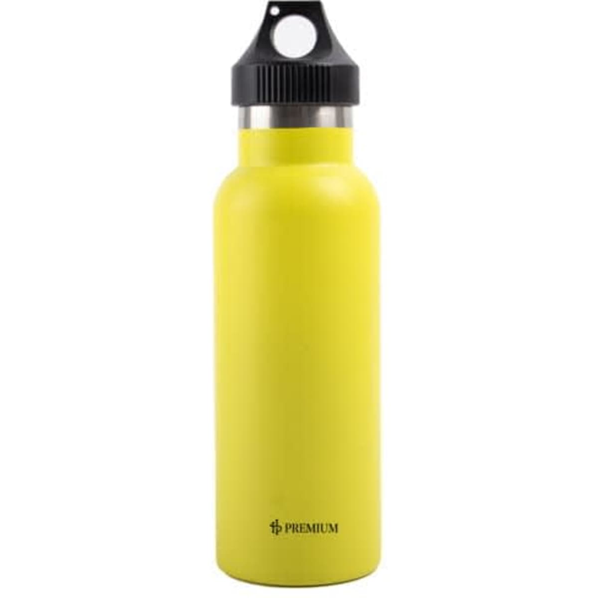 A drink bottle in bright yellow with a black twist-free lid and a logo on the front.