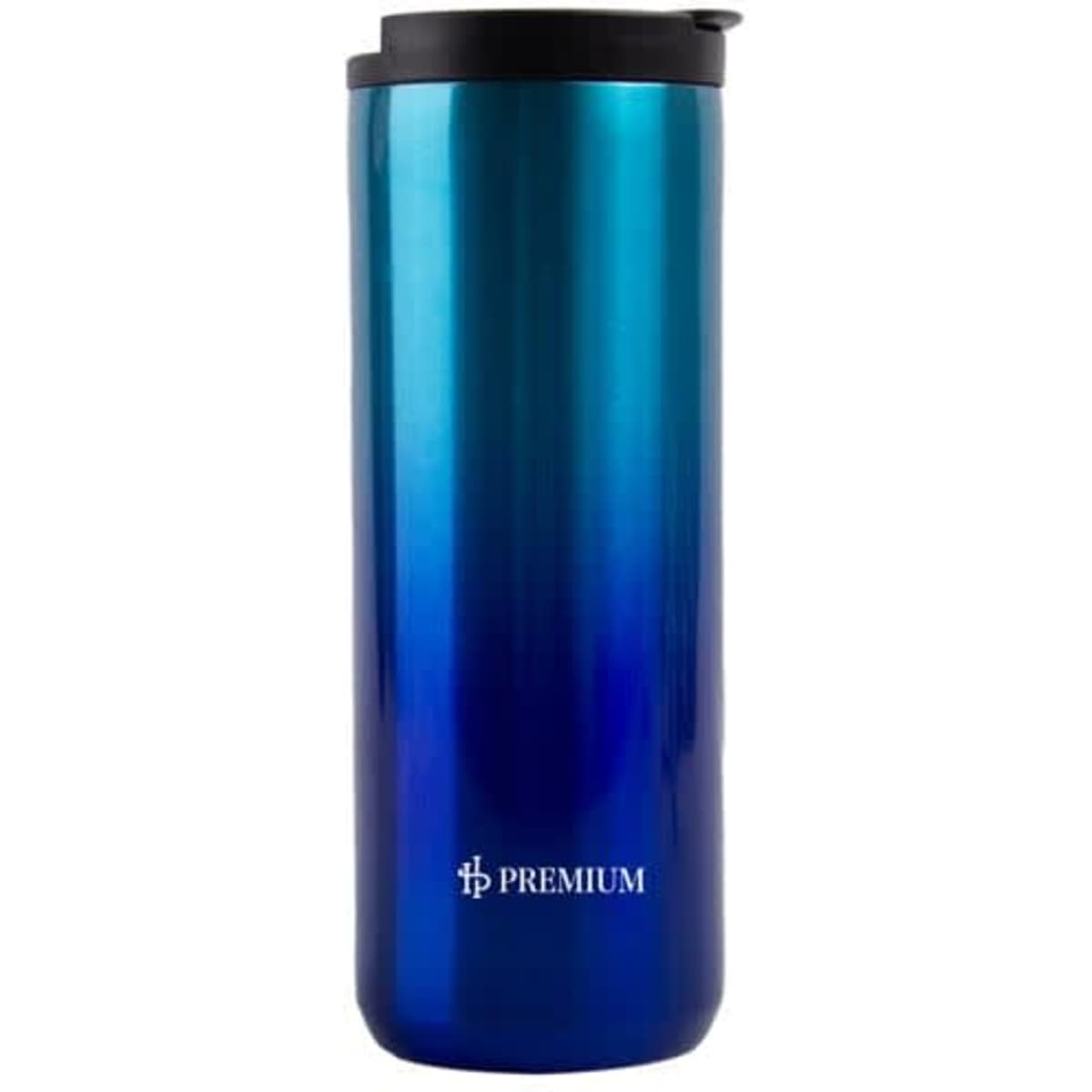 A drink bottle with a gradient blue finish, featuring a black lid and a logo on the front.