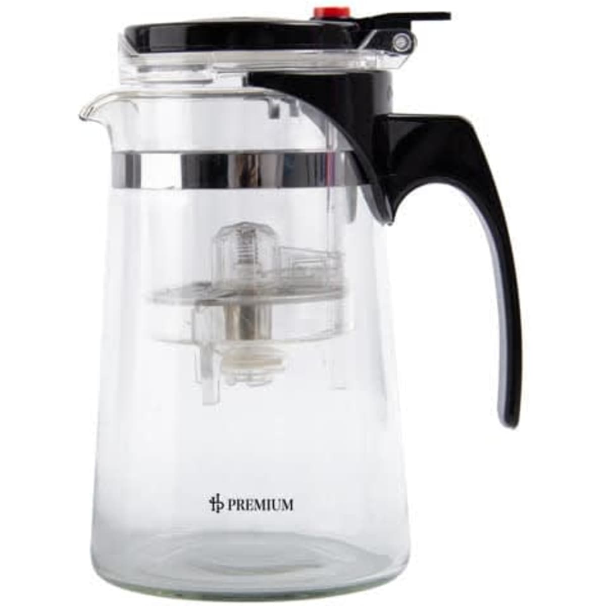 A 750ml glass tea pot with a black handle and lid, featuring a built-in filter and a logo on the surface.