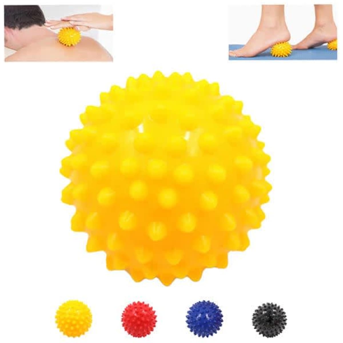 A bright yellow spiky massage ball with a textured surface, featured alongside two images of its use. Includes other colour options.