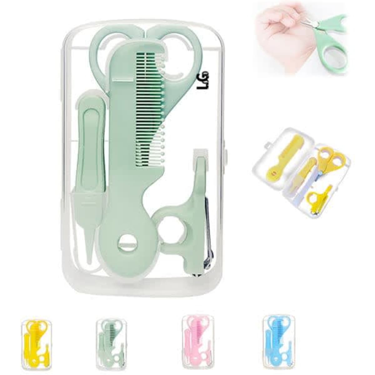A green baby nail clipper, scissors, tweezers, and comb set in a clear case, featuring various pastel-coloured tools.