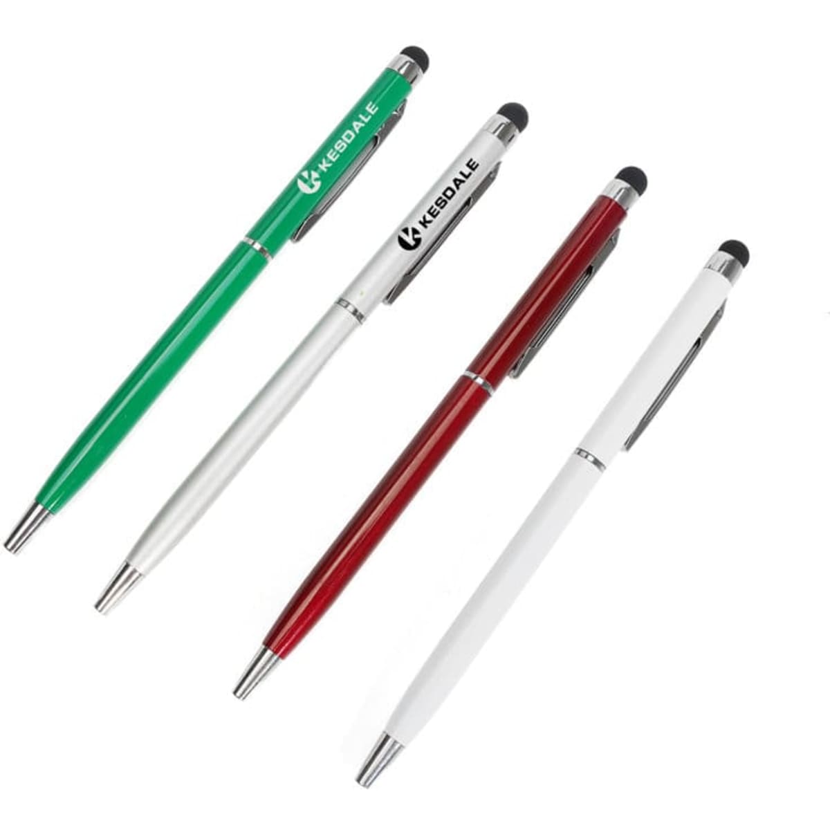 A collection of four ballpoint pens with stylus tips, in green, red, silver, and white, featuring branding.