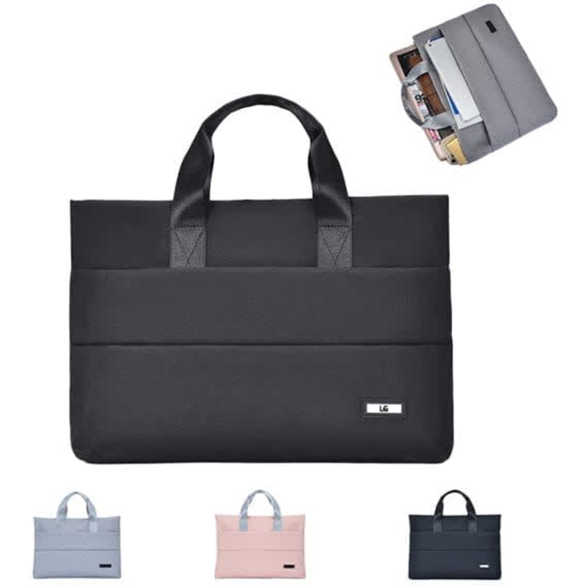 A portable laptop sleeve bag in black, featuring a logo, with additional colours in pink, grey, and blue.