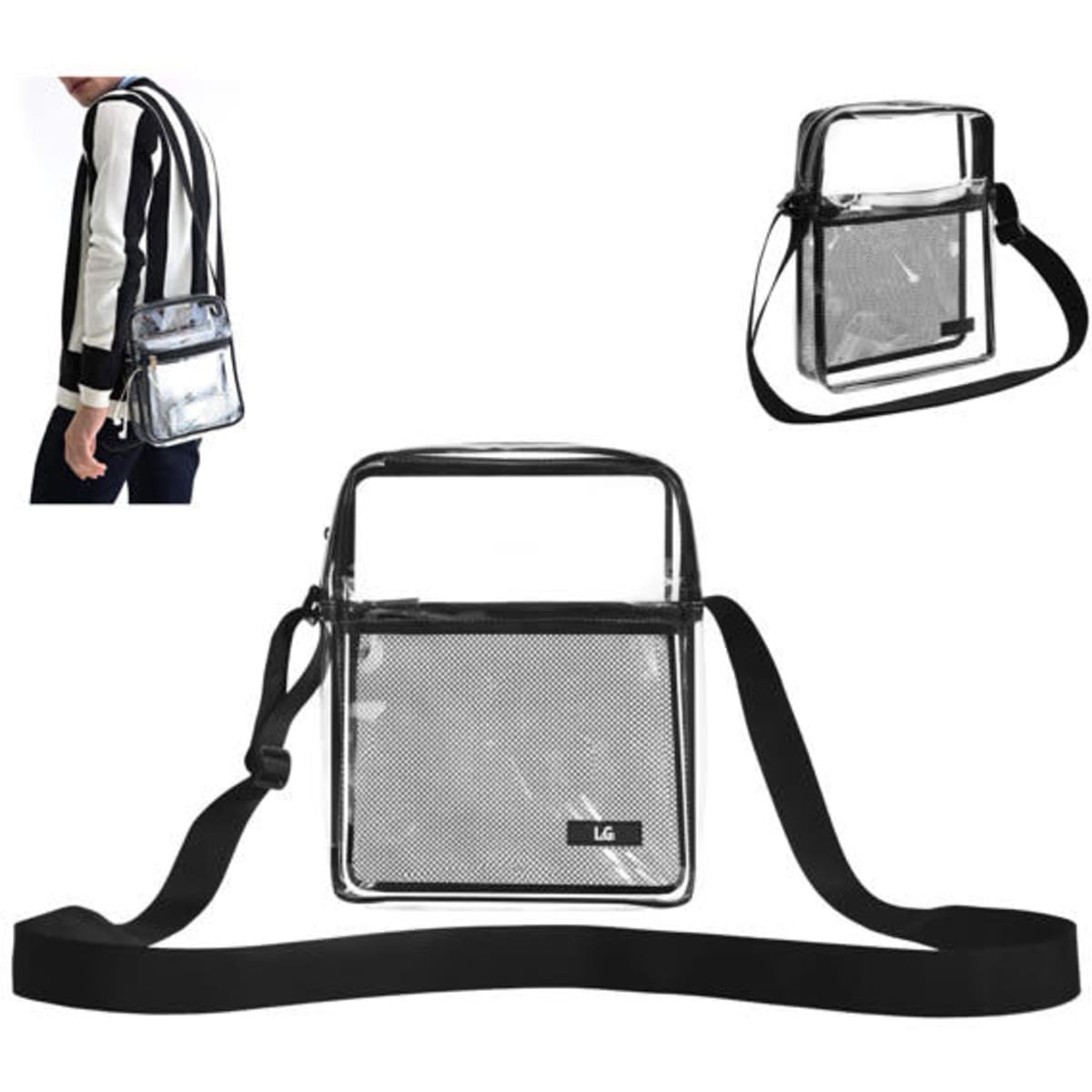 A small clear crossbody bag with a mesh compartment and a black strap, featuring a logo and a transparent design.
