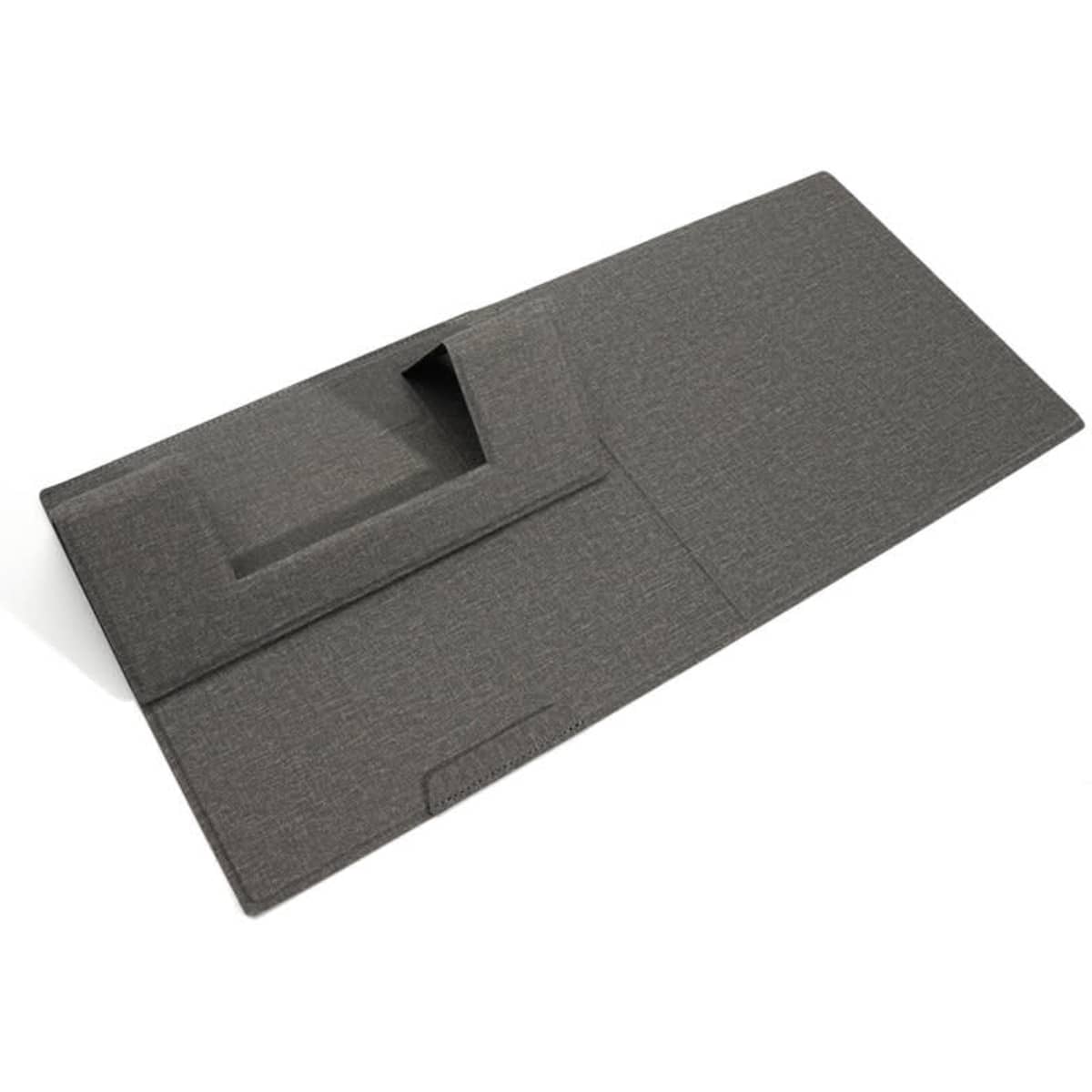 A grey adjustable laptop stand features a mouse pad, with a pocket for storage or accessories.