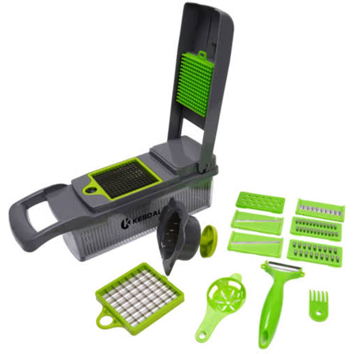 A multifunctional kitchen slicer in grey and green, featuring multiple slicing attachments and a storage container.