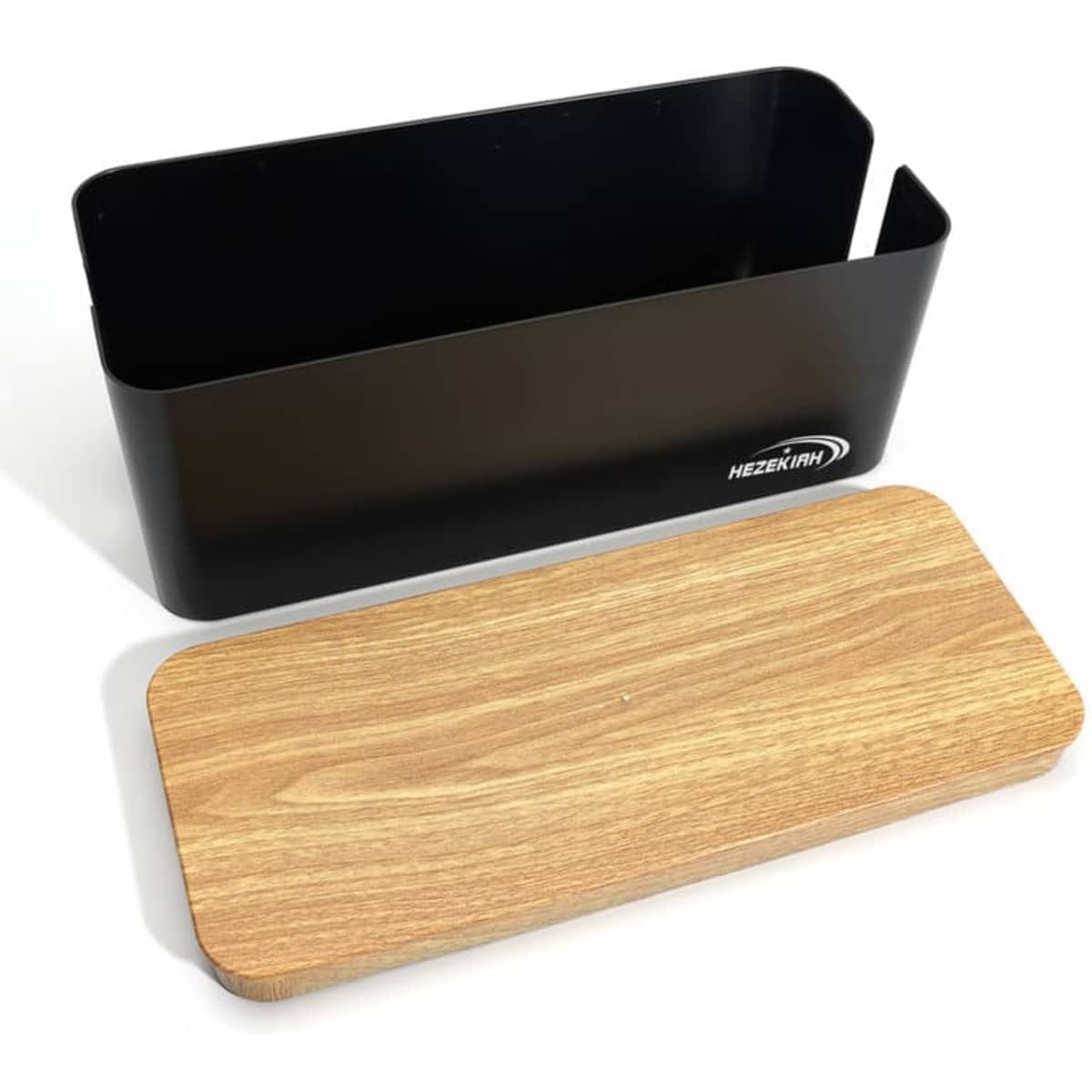 A black cable storage box with a wooden lid, featuring a logo on the side.