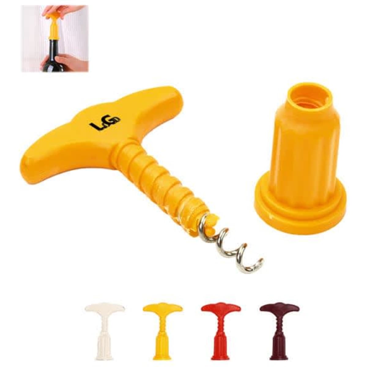 A drink bottle opener in yellow with a corkscrew and a removable cap. Includes additional colours: white, red, and brown.