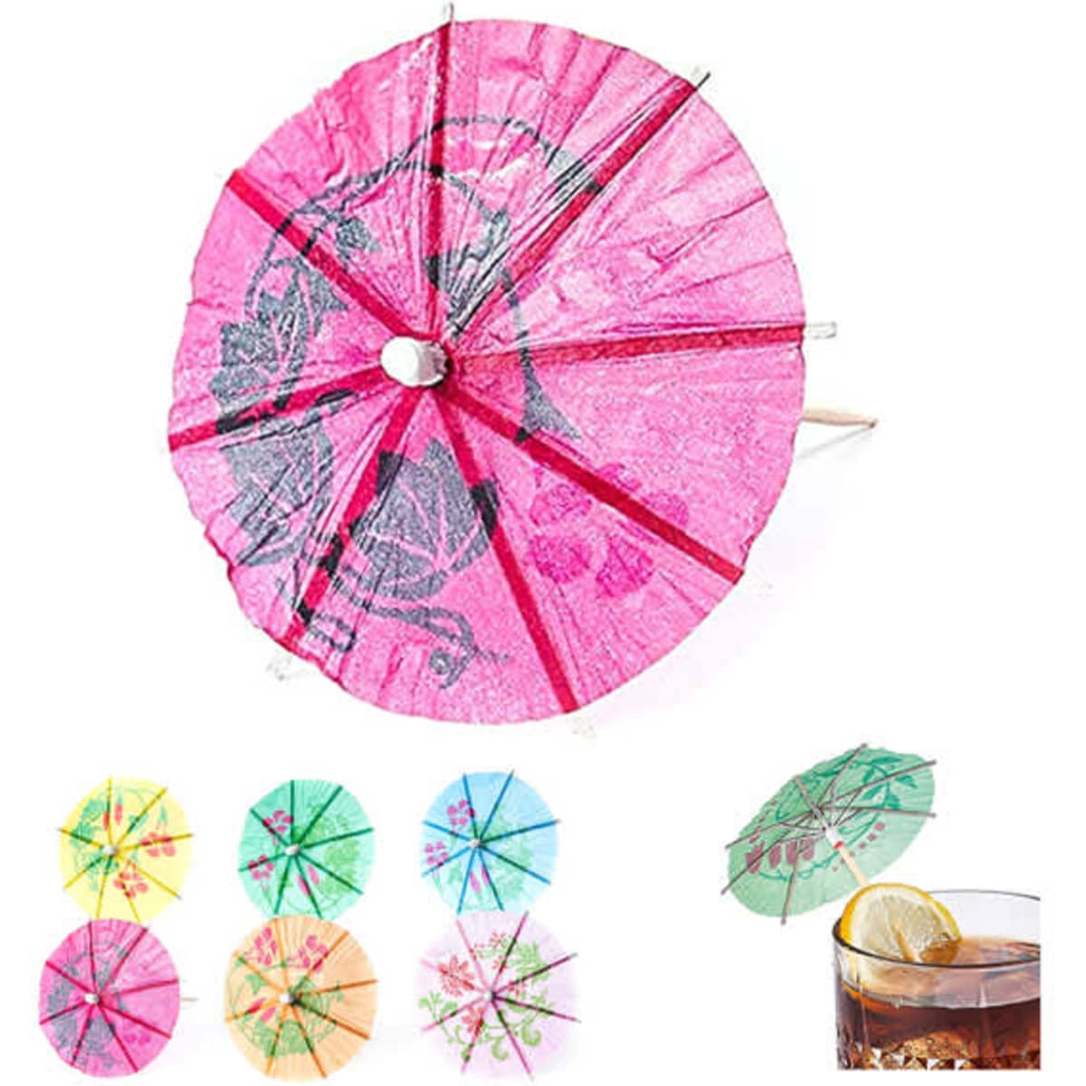 A set of vibrant cocktail umbrellas in various colours, including pink, green, and yellow, with a decorative design, featuring a logo.