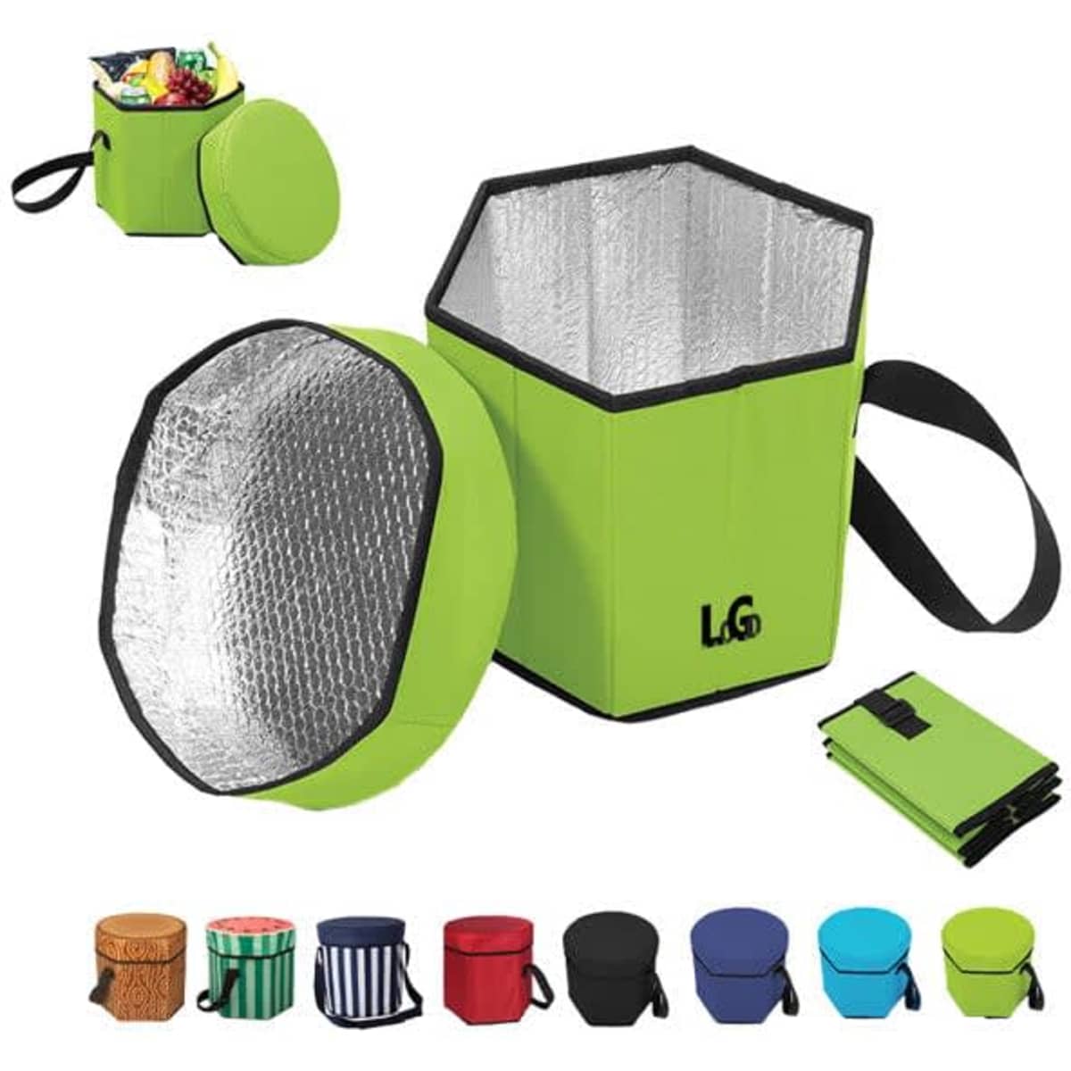A hexagonal green cooler with a reflective interior, accompanied by a collapsible lid and a variety of other colours displayed below.