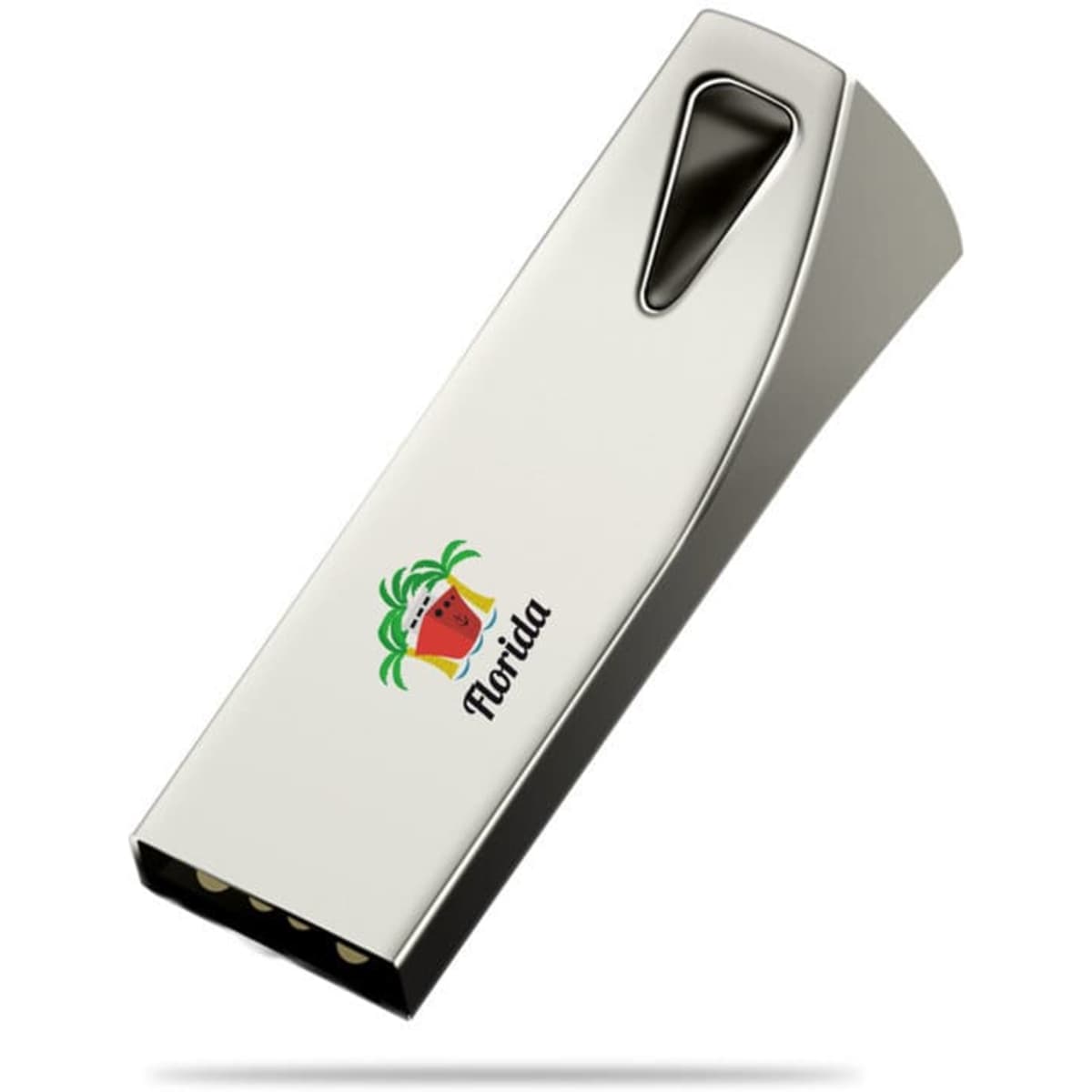 A silver 32 GB USB flash drive with a logo featuring a watermelon and palm tree design.