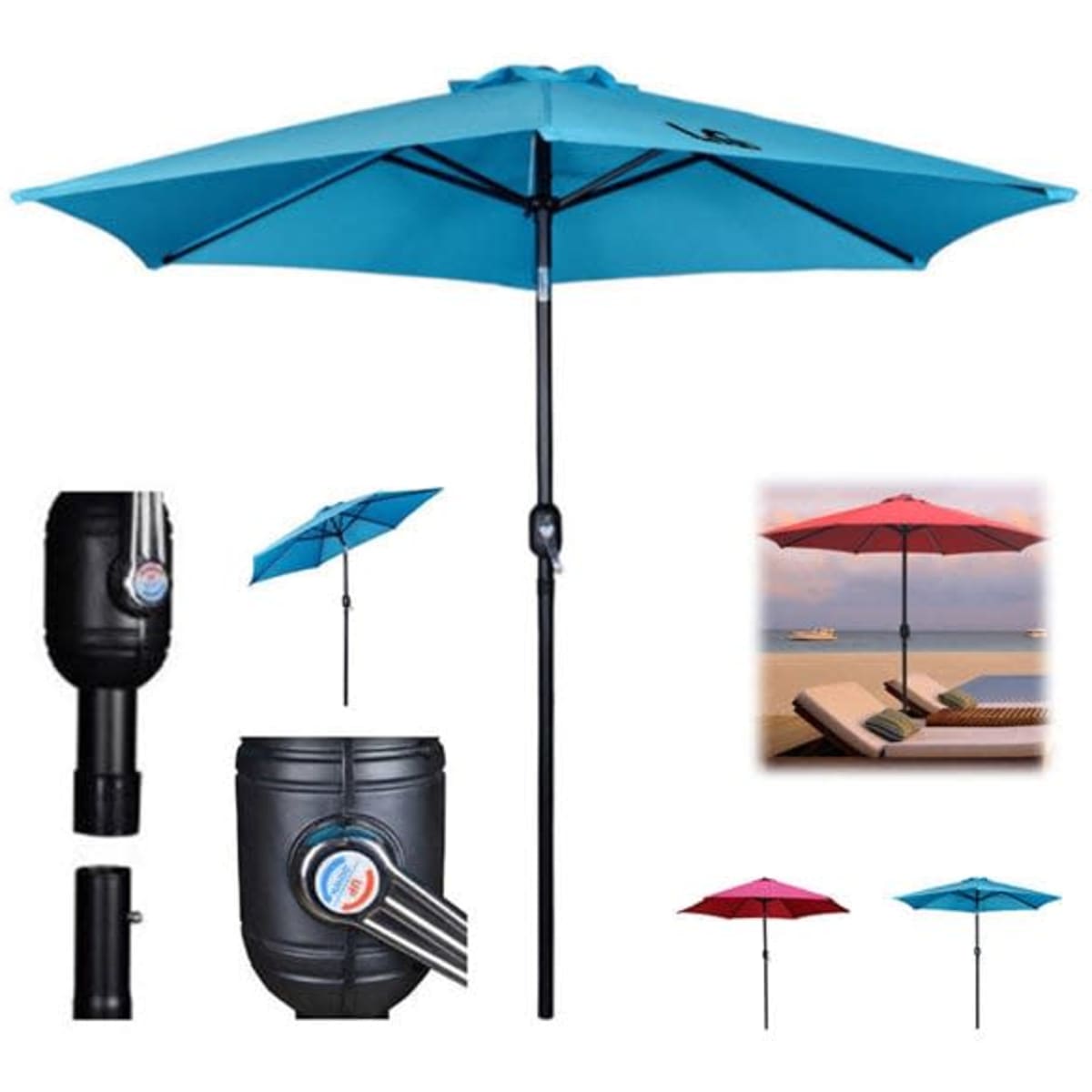 A 7.5FT outdoor patio umbrella in blue, with a black pole and several other colour options displayed.