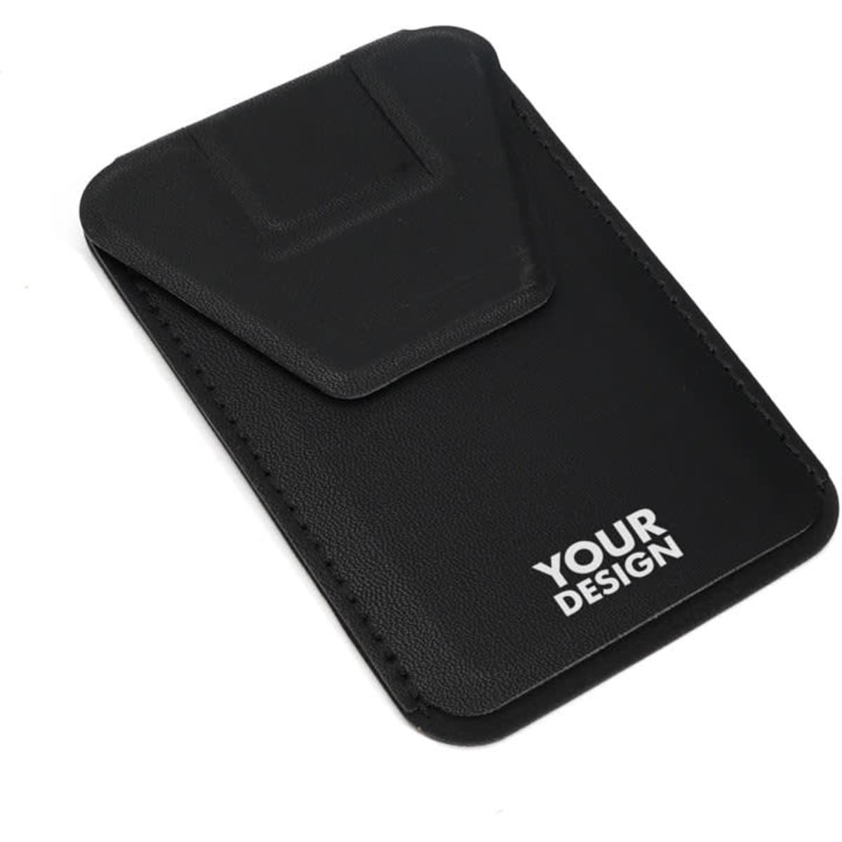 A black adhesive phone credit card holder with a sleek design and a logo area for customisation.
