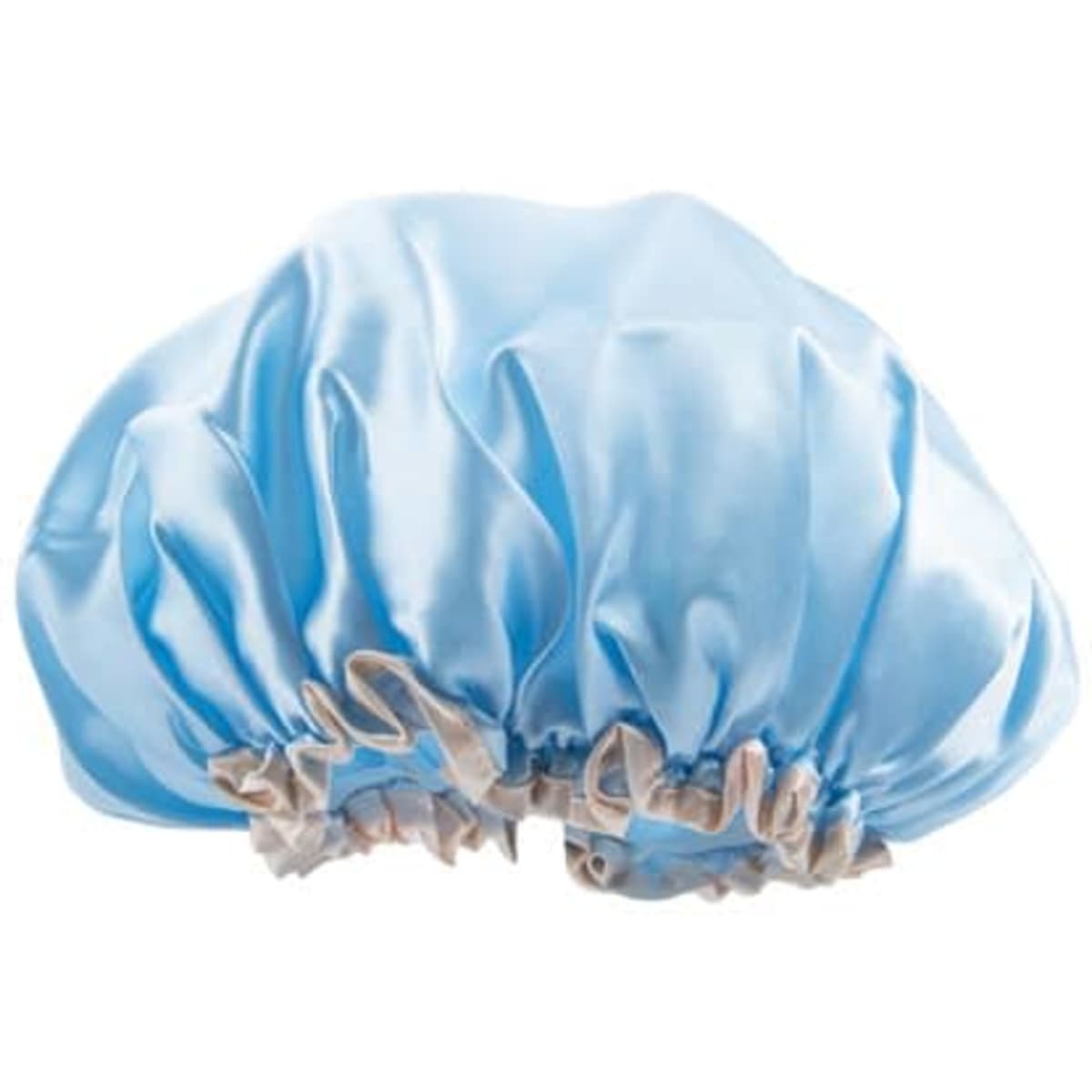 A double layer waterproof shower cap in light blue, featuring a gathered elastic band.