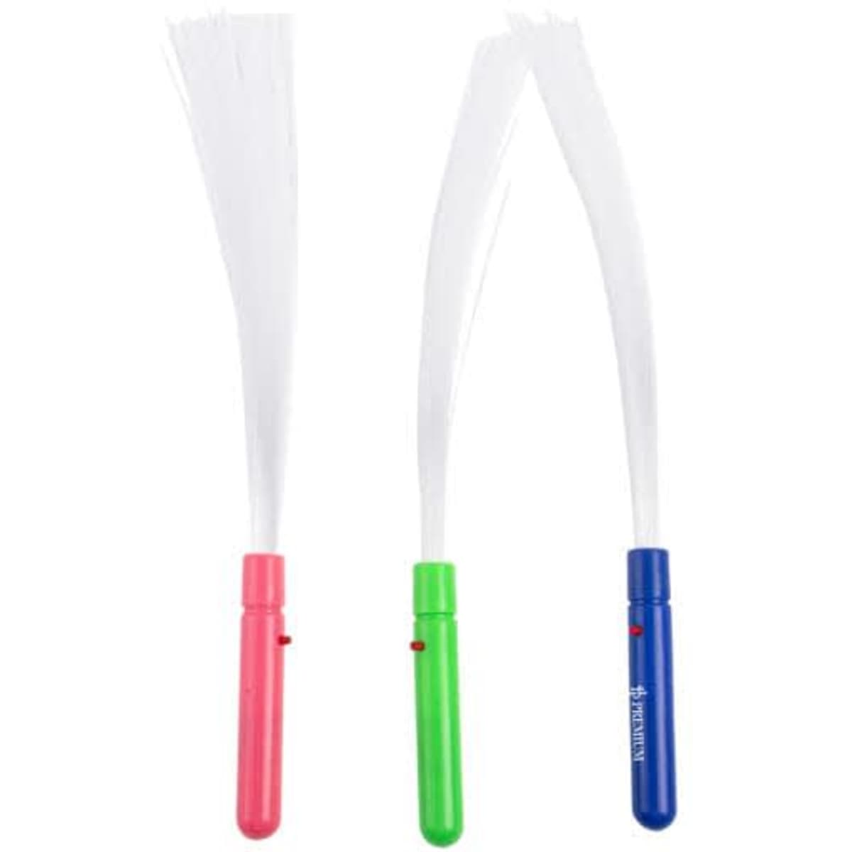 Three LED flashing fibre sticks in pink, green, and blue, featuring plastic handles and fibre strands at the top.