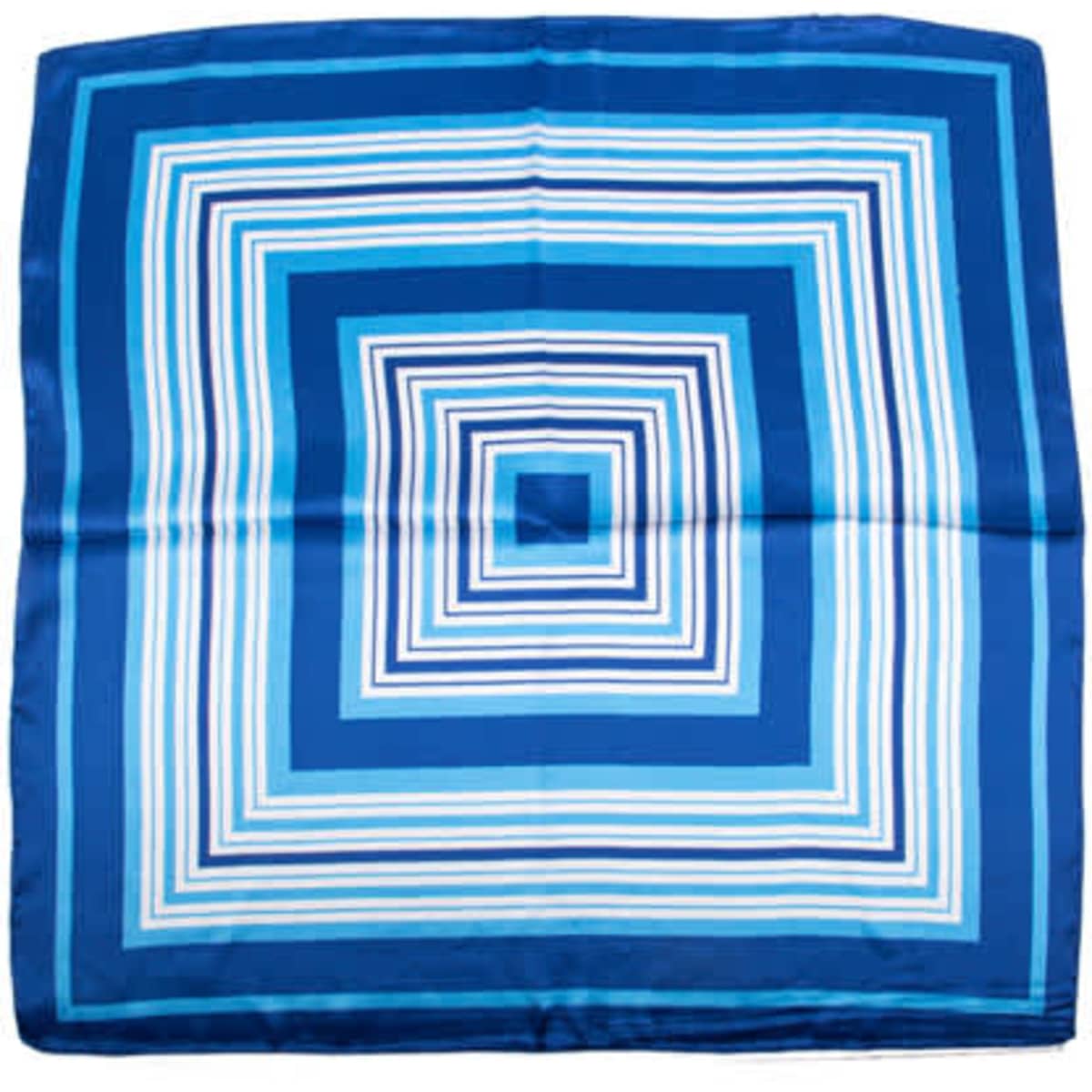 A custom polyester handkerchief featuring a geometric blue and white striped pattern. It has a logo in one corner.