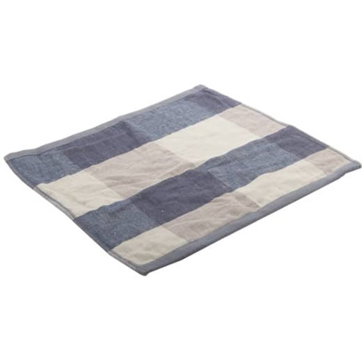 A checked cotton hand towel featuring a mix of navy blue and cream squares with a grey border.