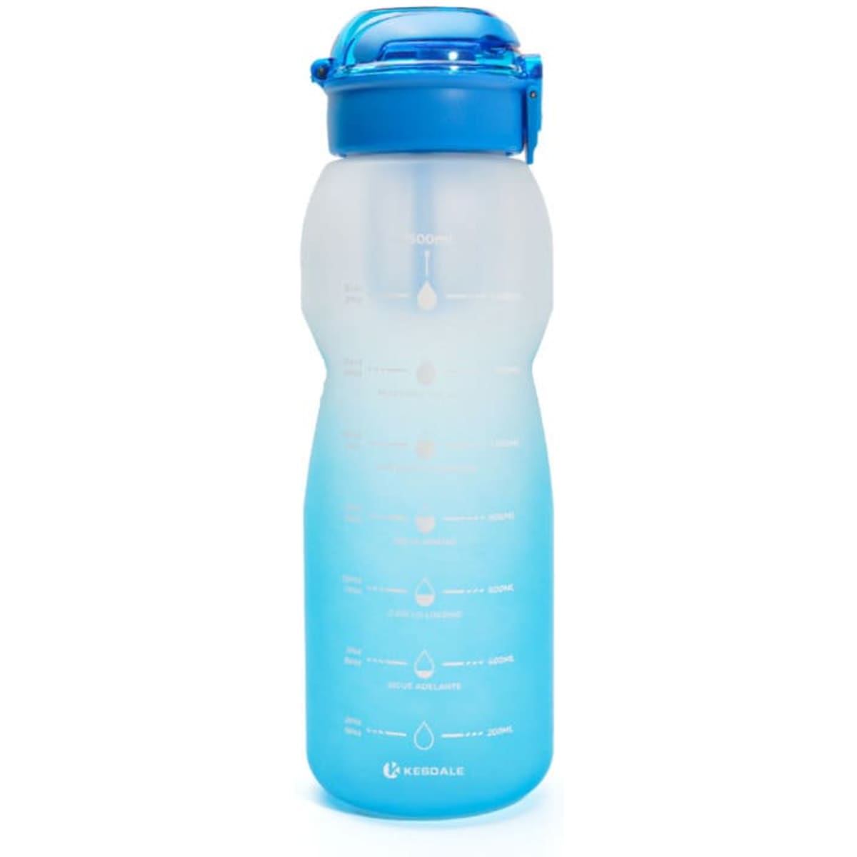 A drink bottle with a gradient design, featuring a frosted blue finish and a blue lid. It has a measuring scale on the side.