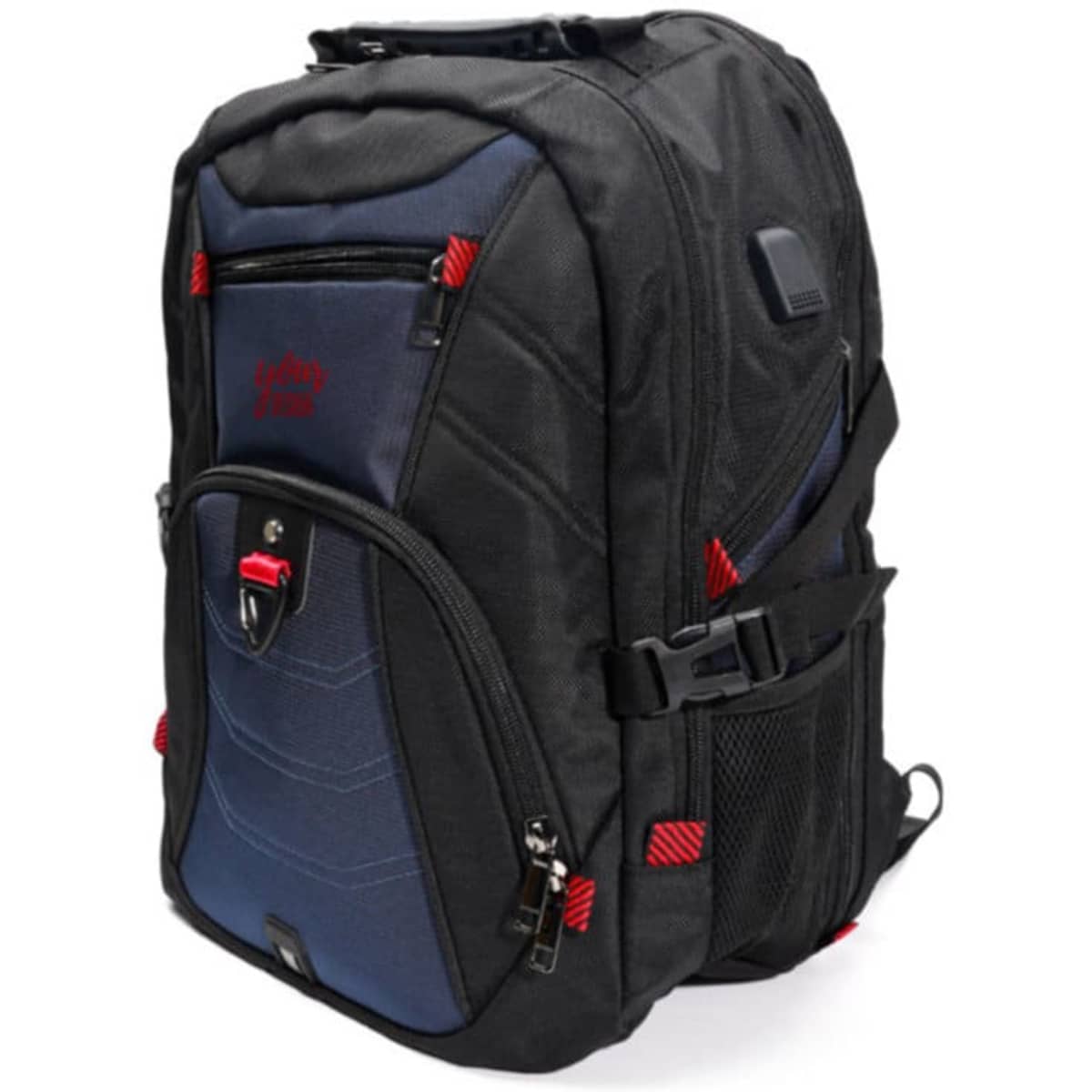 A large travel laptop backpack in black and navy, featuring multiple compartments and a logo.