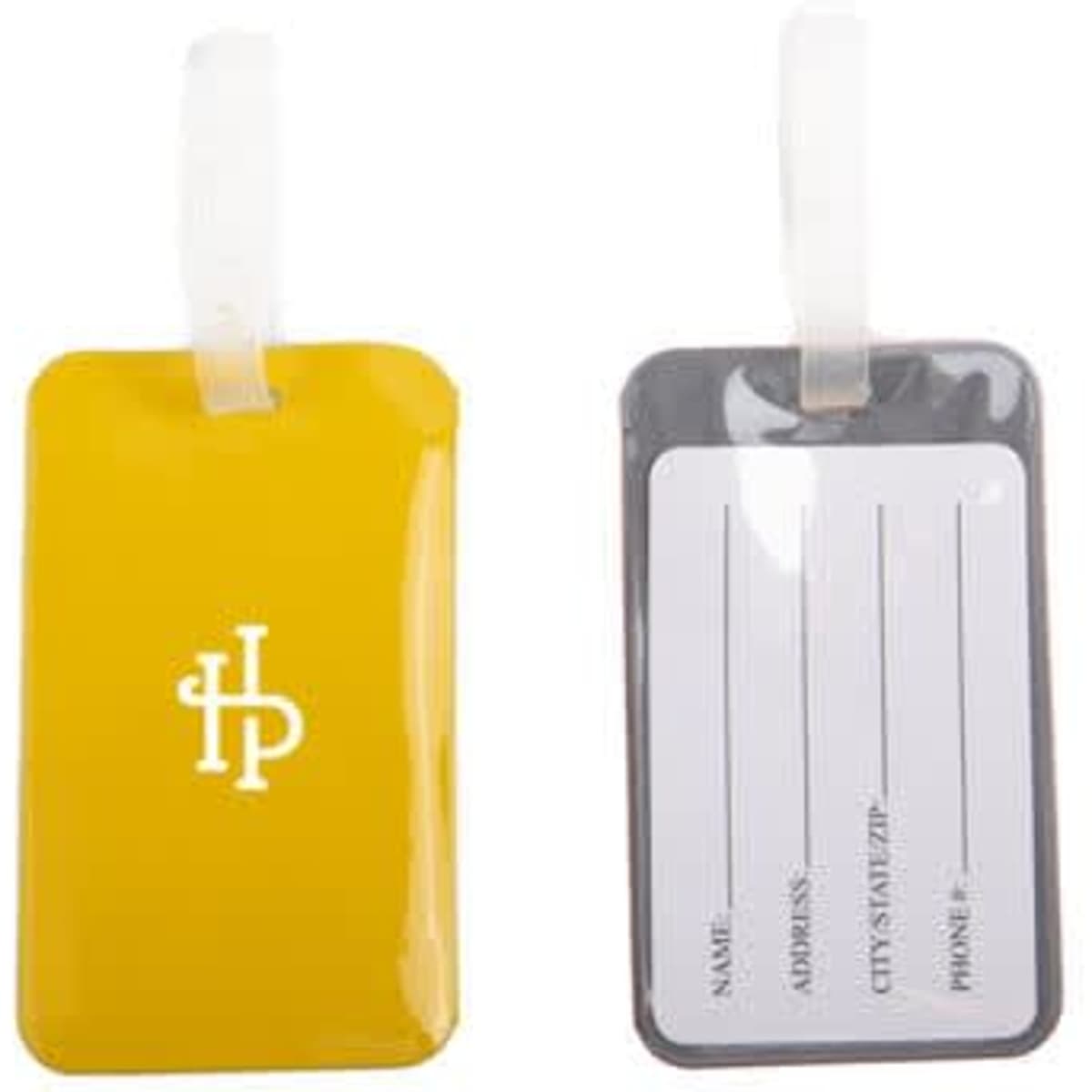 A yellow PVC luggage tag featuring a logo on one side and blank spaces for personal information on the other.