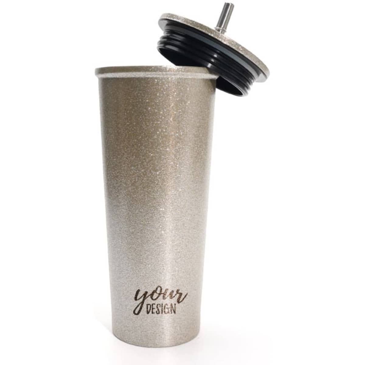 A drink bottle in a metallic silver finish with a black straw and lid. It features a space for custom design.