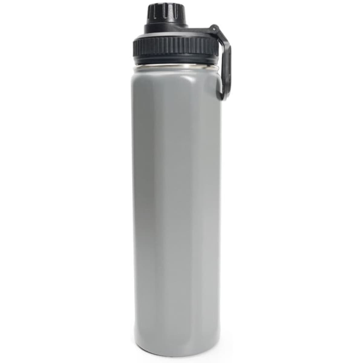 A drink bottle featuring a sleek grey stainless steel design, with a black screw-on lid and handle.