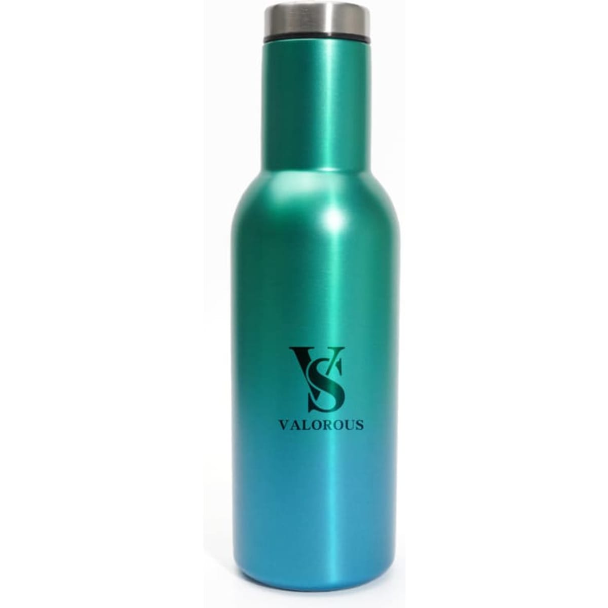 A drink bottle with a stainless steel finish, featuring a gradient from teal to blue and a logo.