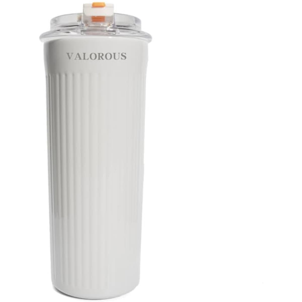 A 17 oz. white stainless steel coffee cup with a ridged design and a transparent lid featuring an orange button.