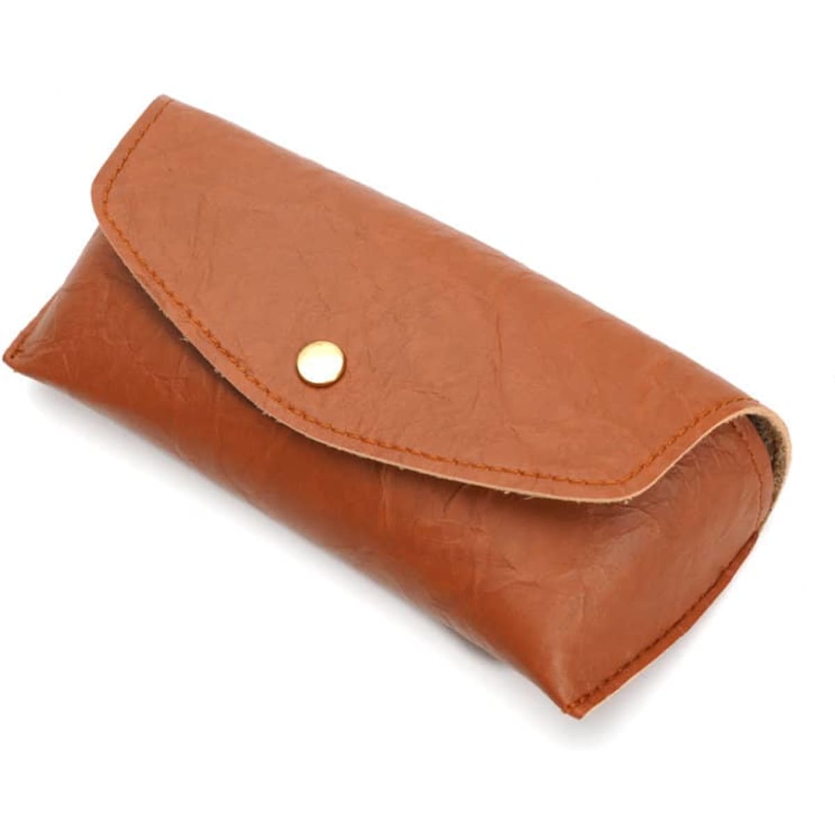 A brown sunglasses case with a button closure, featuring a simple design and a subtle logo.