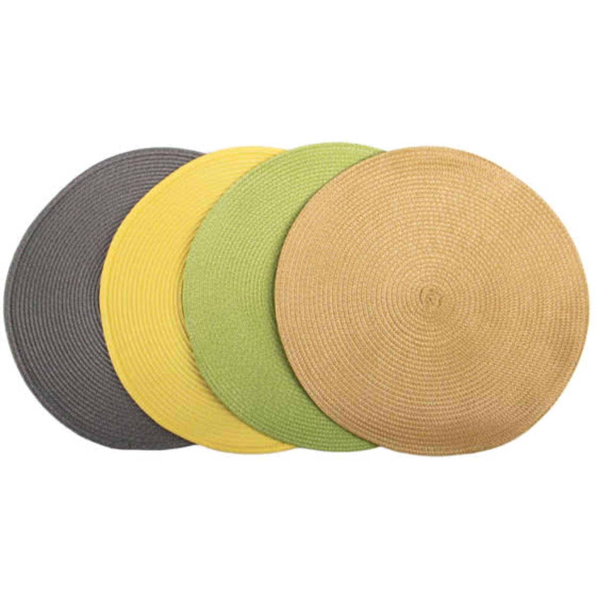 A set of four round placemats in grey, yellow, green, and natural tones, featuring a woven texture.