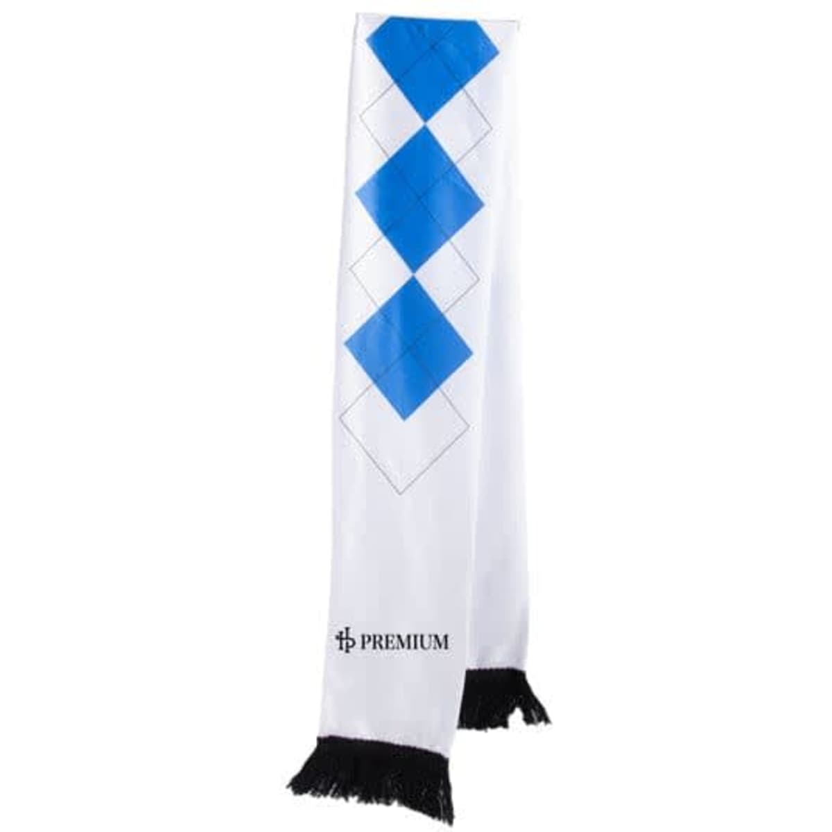 A white scarf featuring blue diamond patterns and black fringes, with a logo branding on one end.