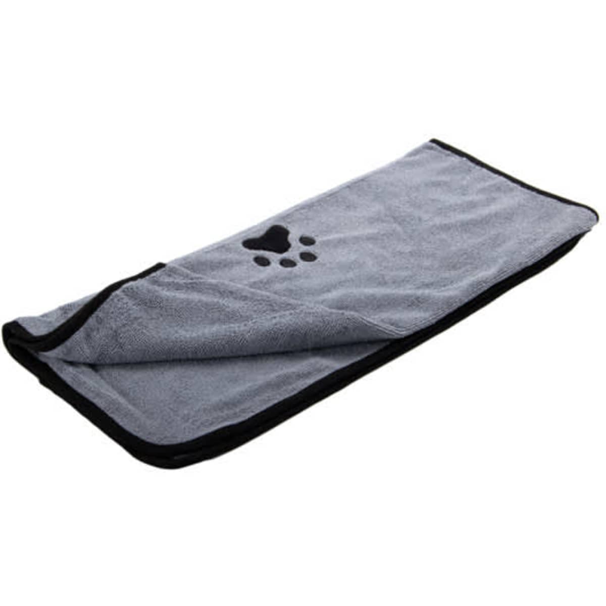 A grey embroidered microfiber pet bath towel featuring a paw print design, with a black trim and a logo.