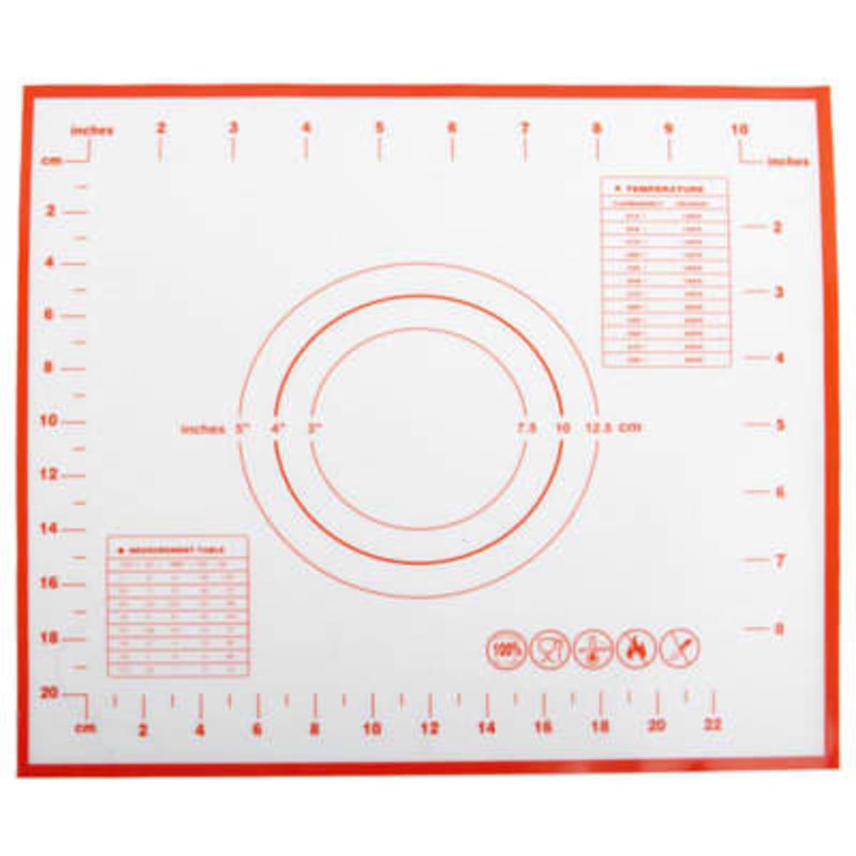 A silicone pastry baking mat in white and red, featuring measurement markings and a circular design.