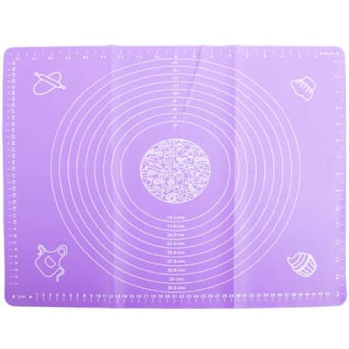 A purple silicone kneading mat with measurement markings and various baking icons. It has branding in one corner.
