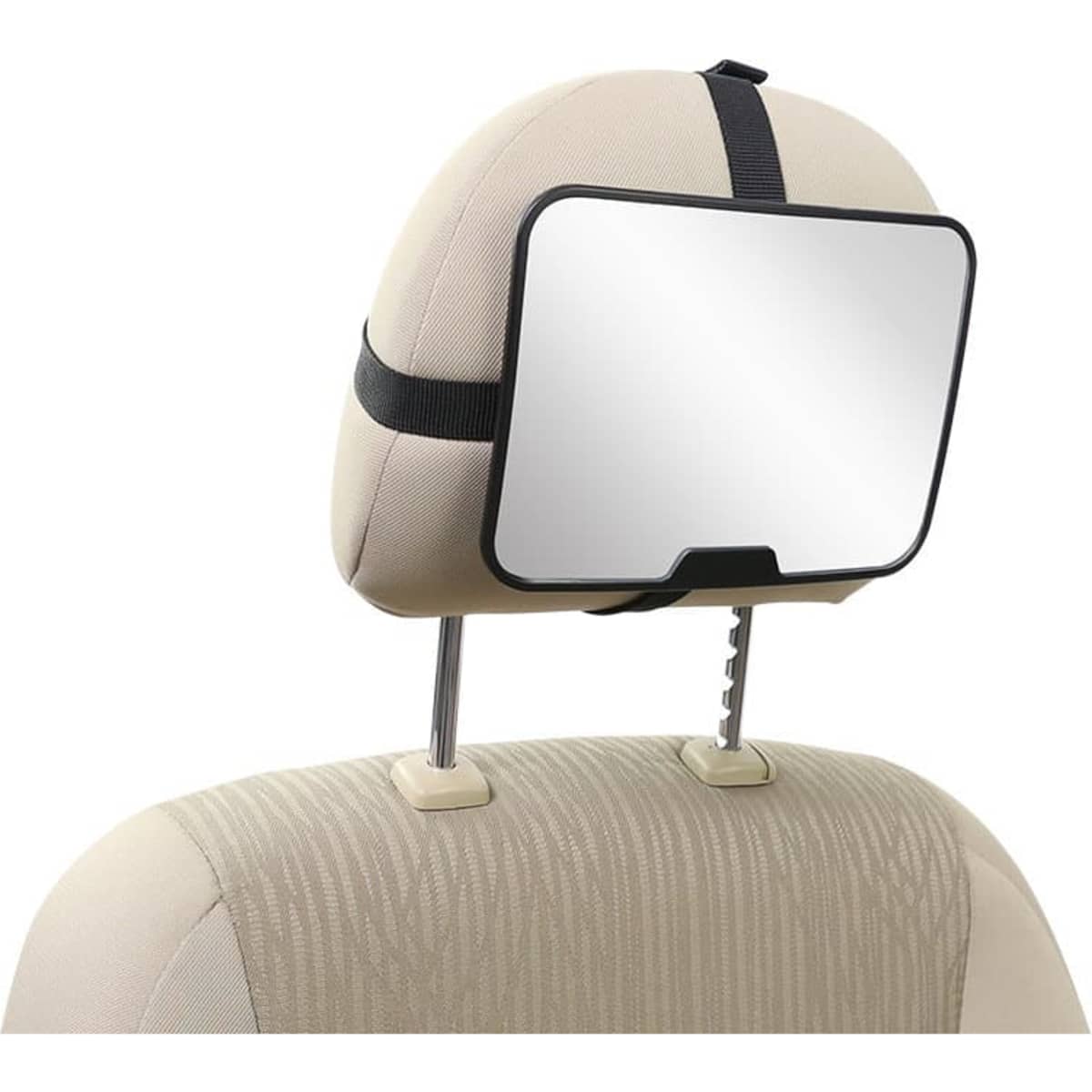 A backseat baby car mirror in black, attached to a beige headrest, featuring a rectangular reflective surface.