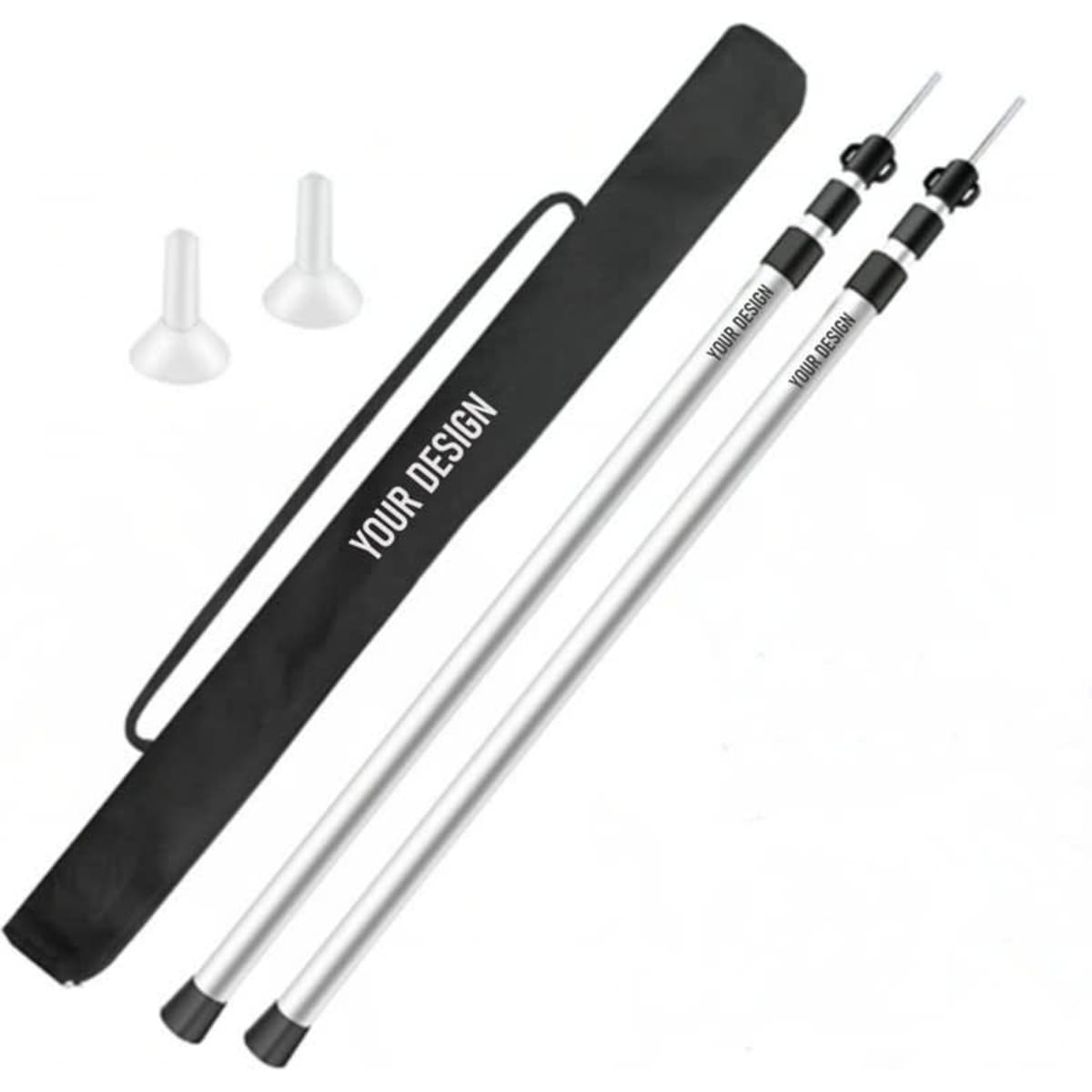 Adjustable aluminium camping tarp poles set in silver, with a black carrying bag and white fittings included.