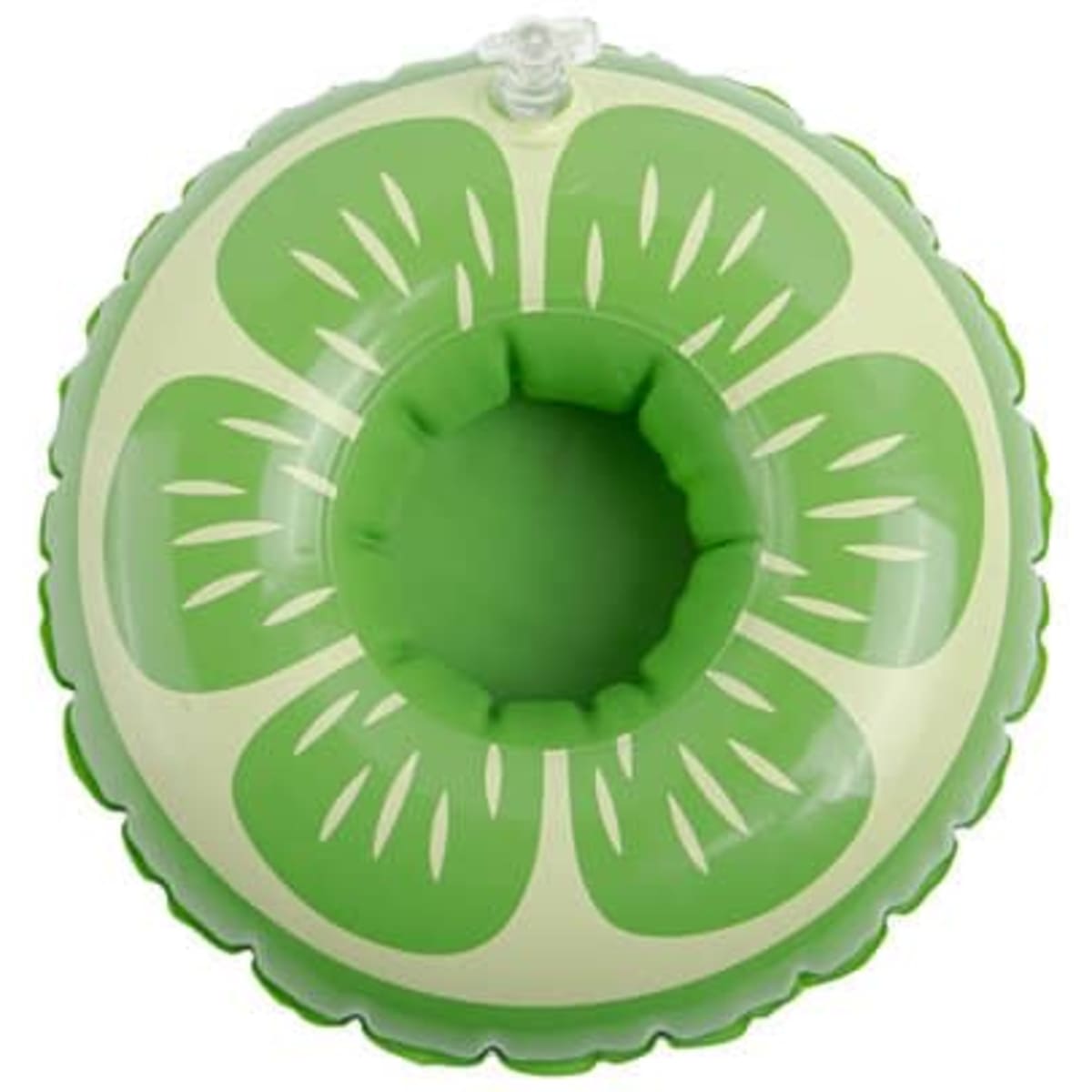 An inflatable drink holder in green and light green, featuring a flower design.