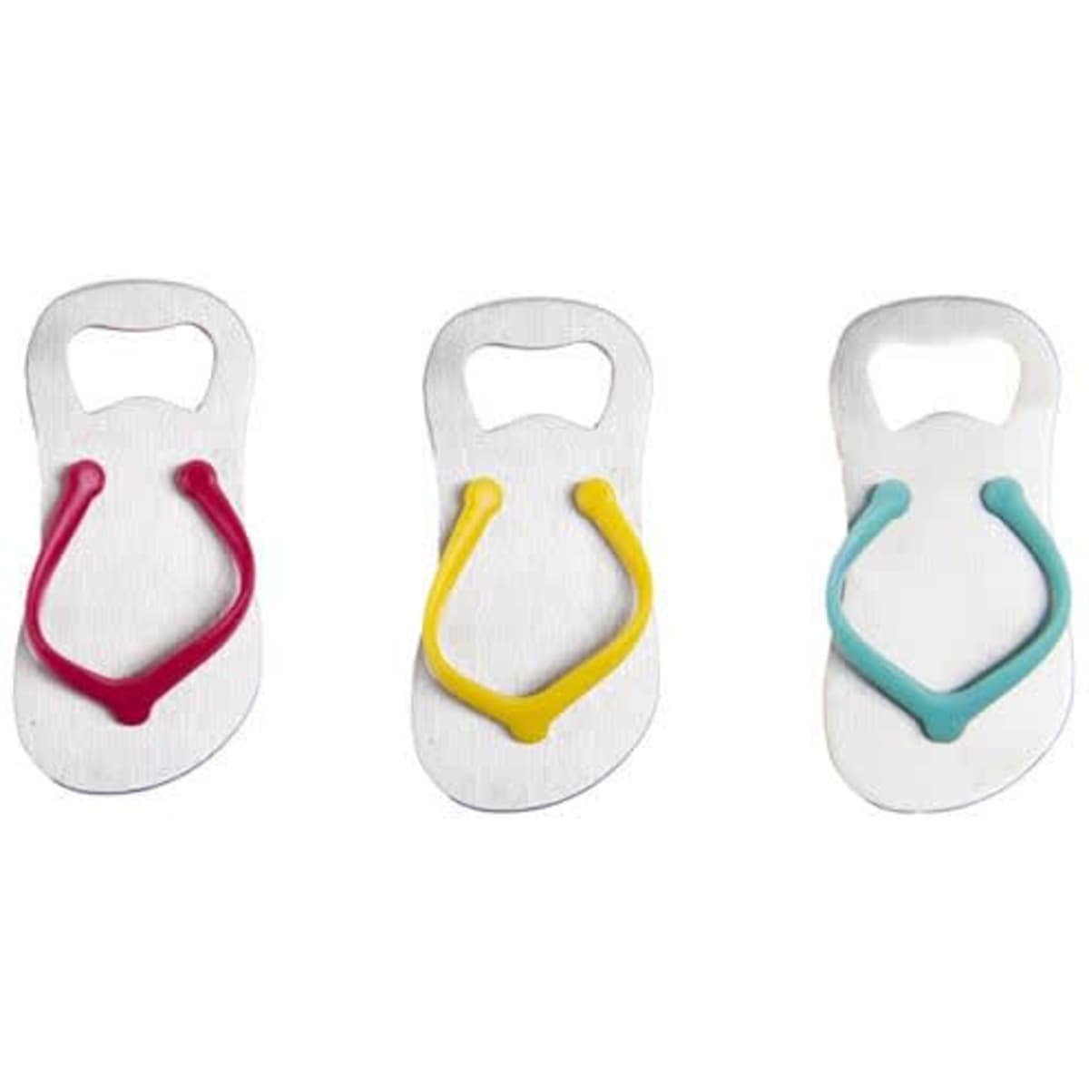 A drink bottle opener shaped like a slipper, available in pink, yellow, and blue, with a small branding logo.