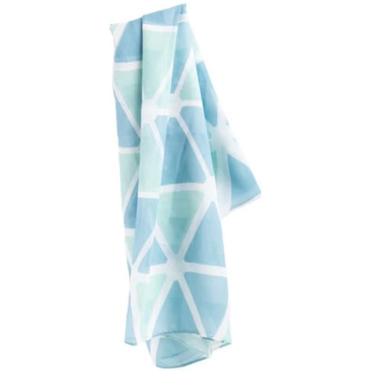 A chiffon shawl in shades of blue with a geometric pattern, featuring white accents and a lightweight design.