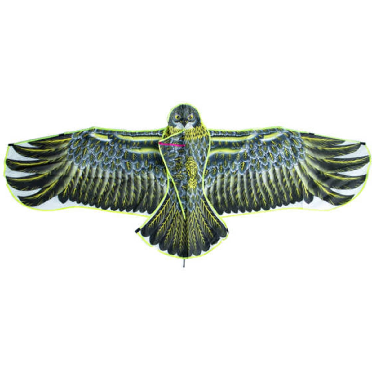 A large eagle-shaped kite with yellow, blue, and black details, featuring an attached branding logo.