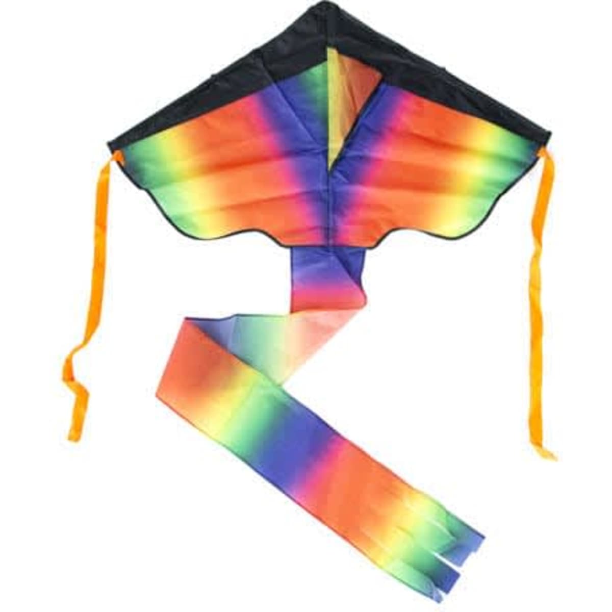 A rainbow-coloured kite with a black top and vibrant tail, featuring orange ribbons and a logo.