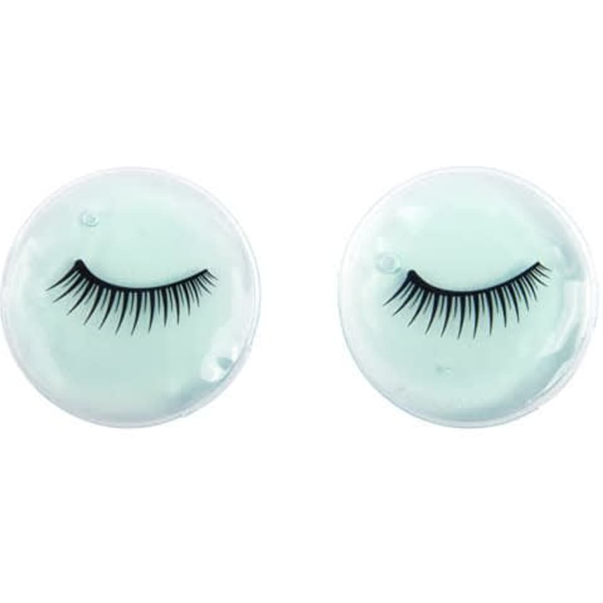 Two gel eye pads in a light blue colour with black eyelash designs, featuring a branded logo.