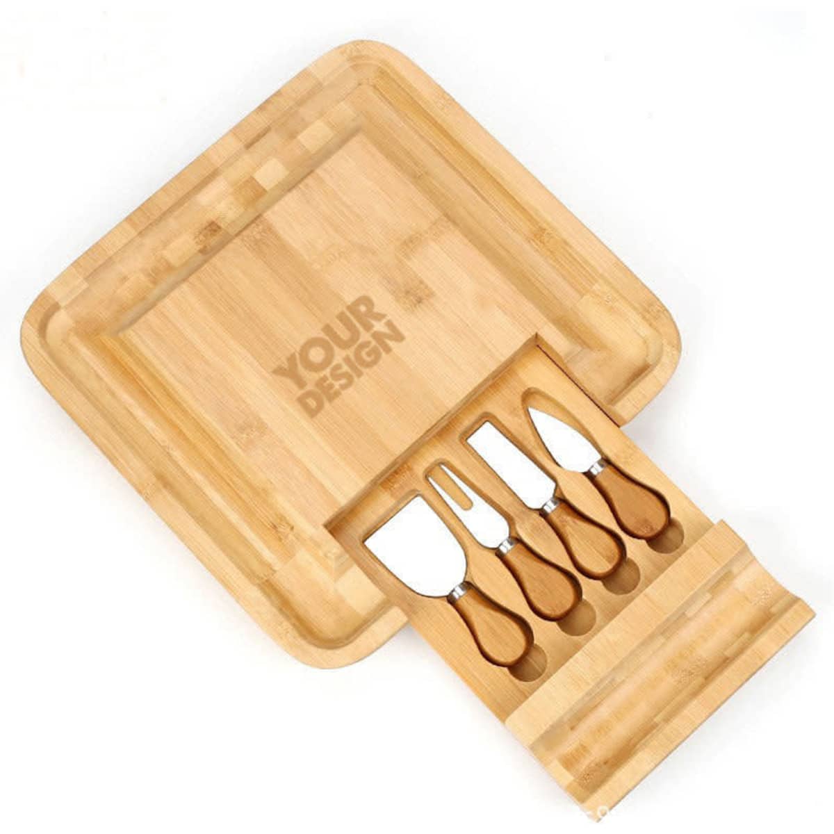 A bamboo charcuterie board set featuring a rectangular board and four wooden-handled cheese knives, organised neatly.