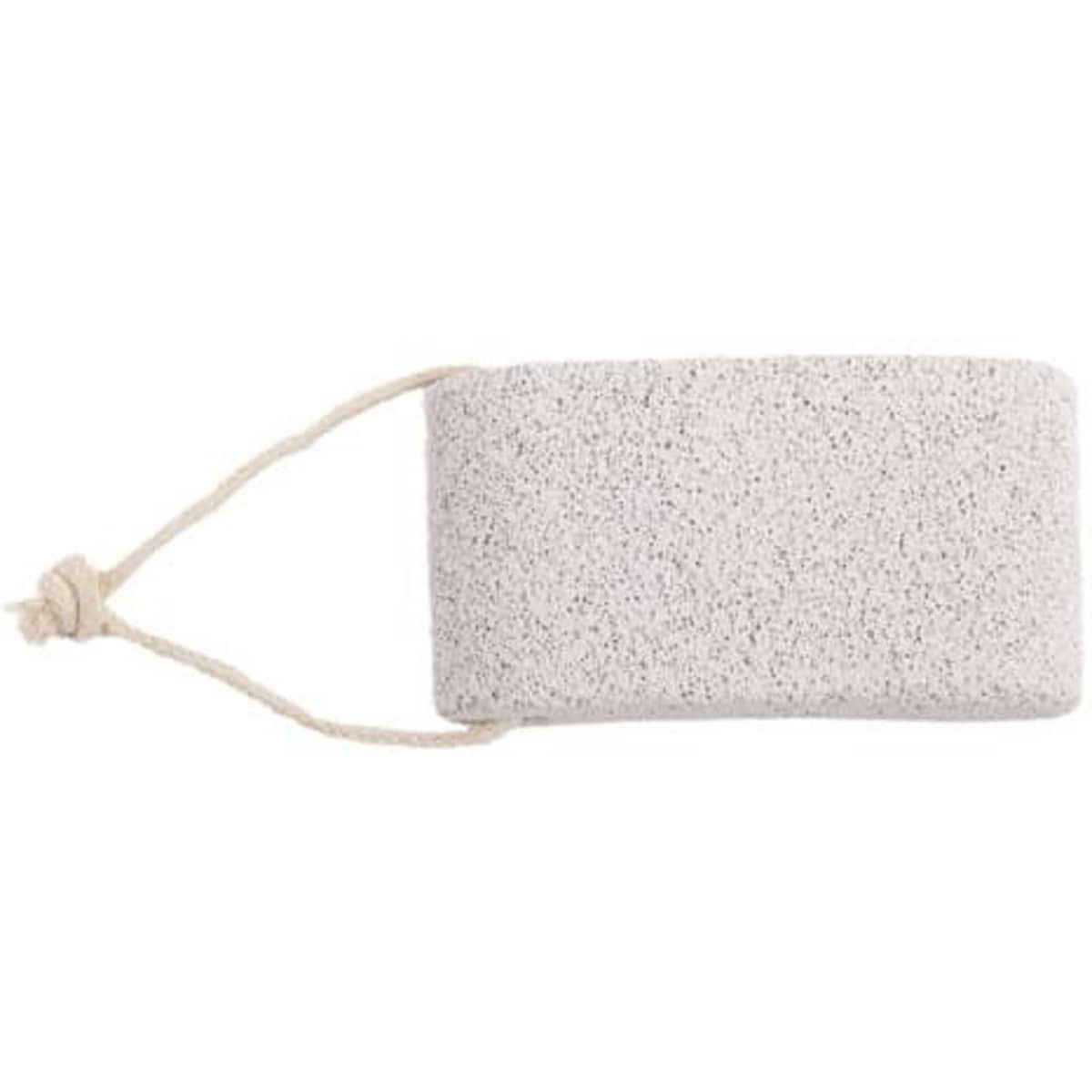 A natural lava pumice stone in a rectangular shape, featuring a light grey colour and a natural rope handle.