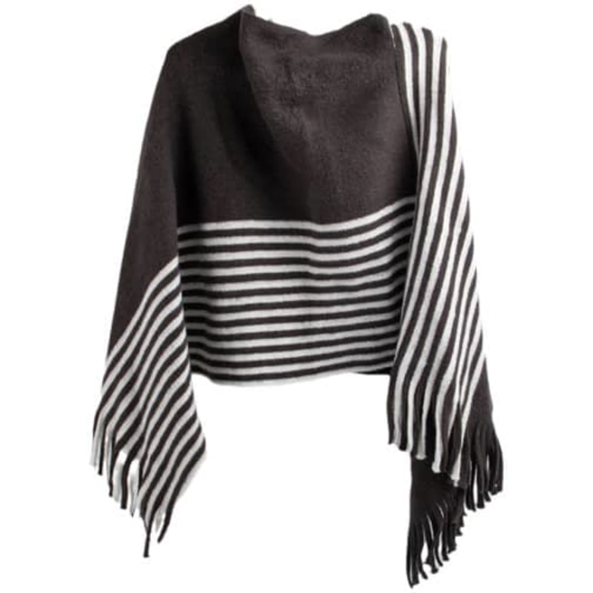 A brown and white striped cotton tassel poncho with fringe detailing. The fabric is soft and lightweight.
