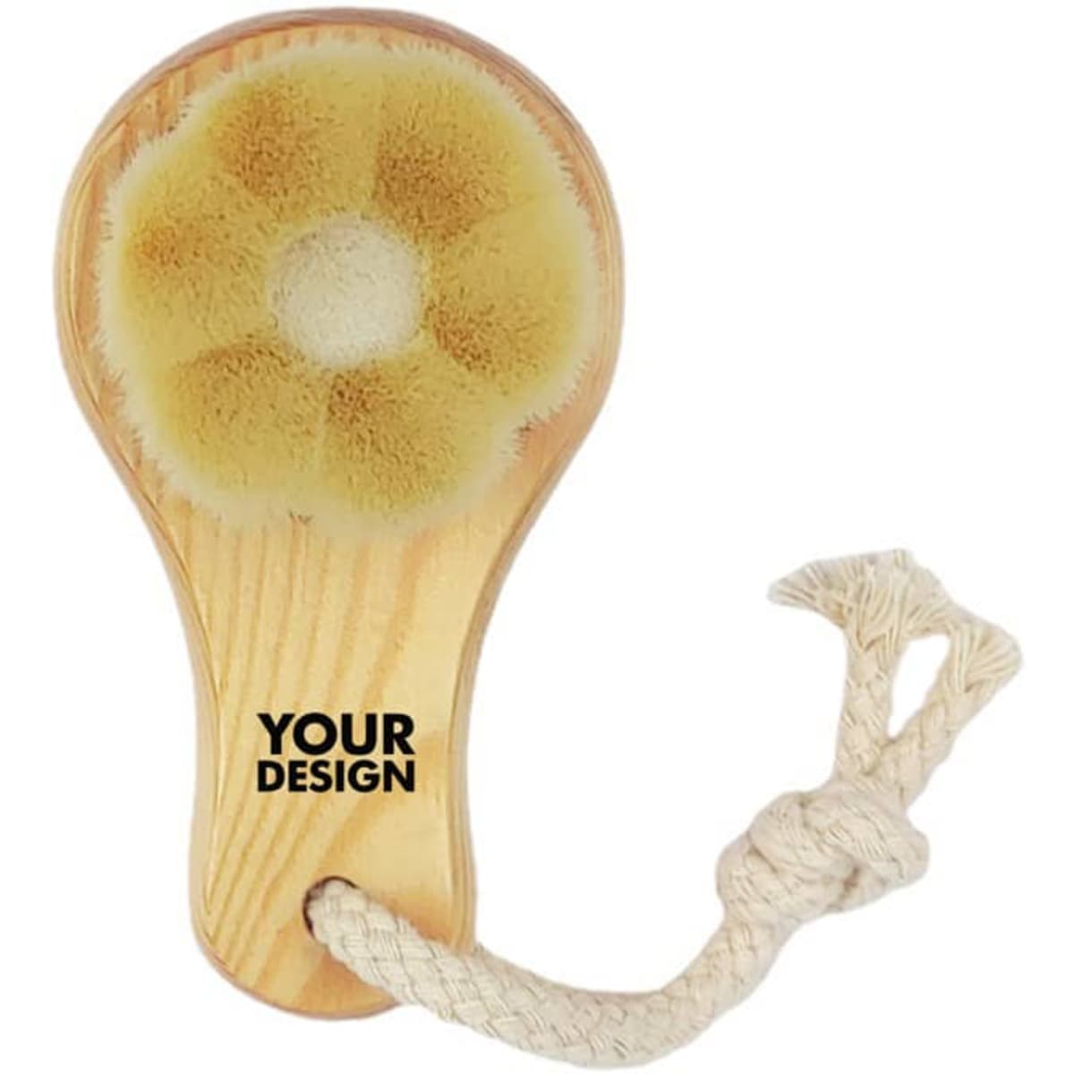A flower-shaped wood facial cleansing brush in natural wood and soft bristles, featuring a hanging rope.