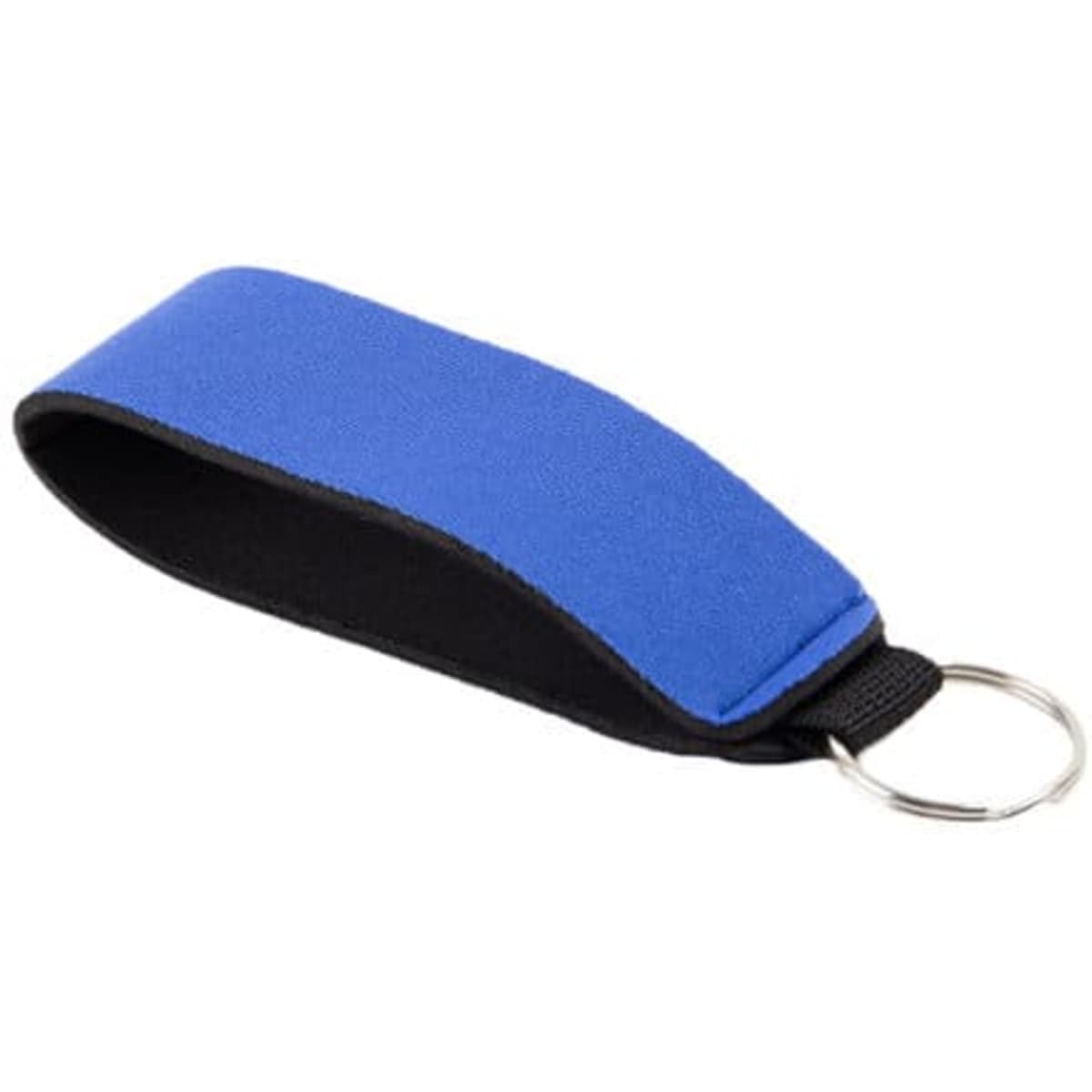 A blue neoprene wristlet keychain with a metal keyring, featuring a simple and sleek design.