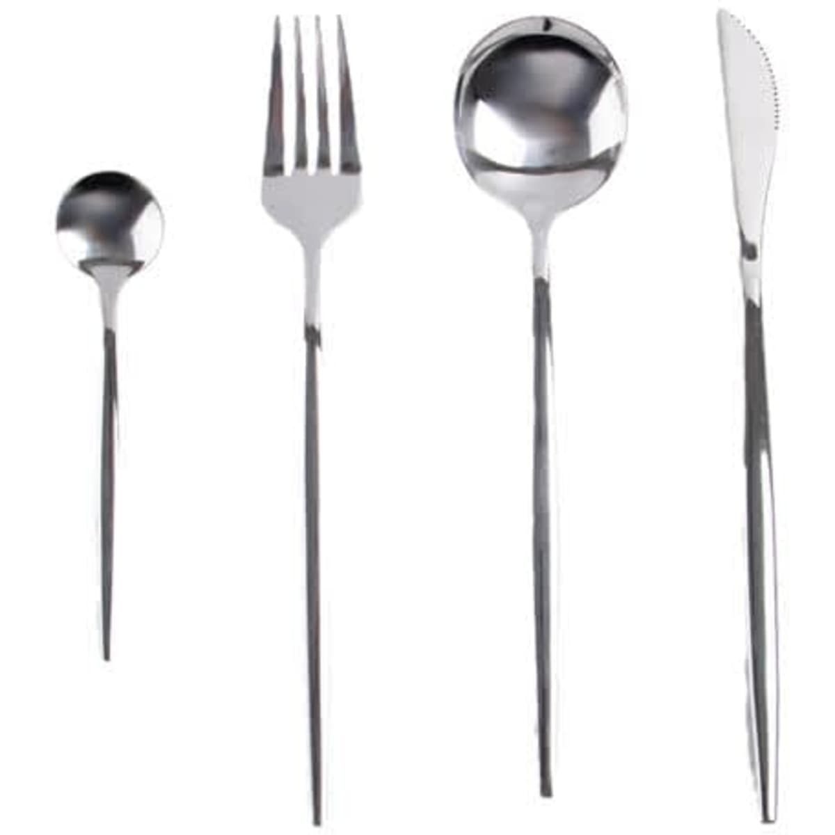 A stainless steel cutlery set featuring a spoon, fork, dessert spoon, and knife in a polished finish.